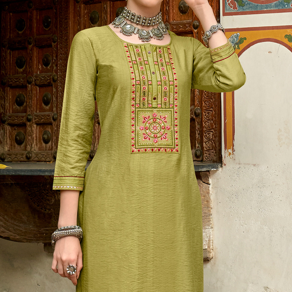 Green Embroidered Viscose Kurti