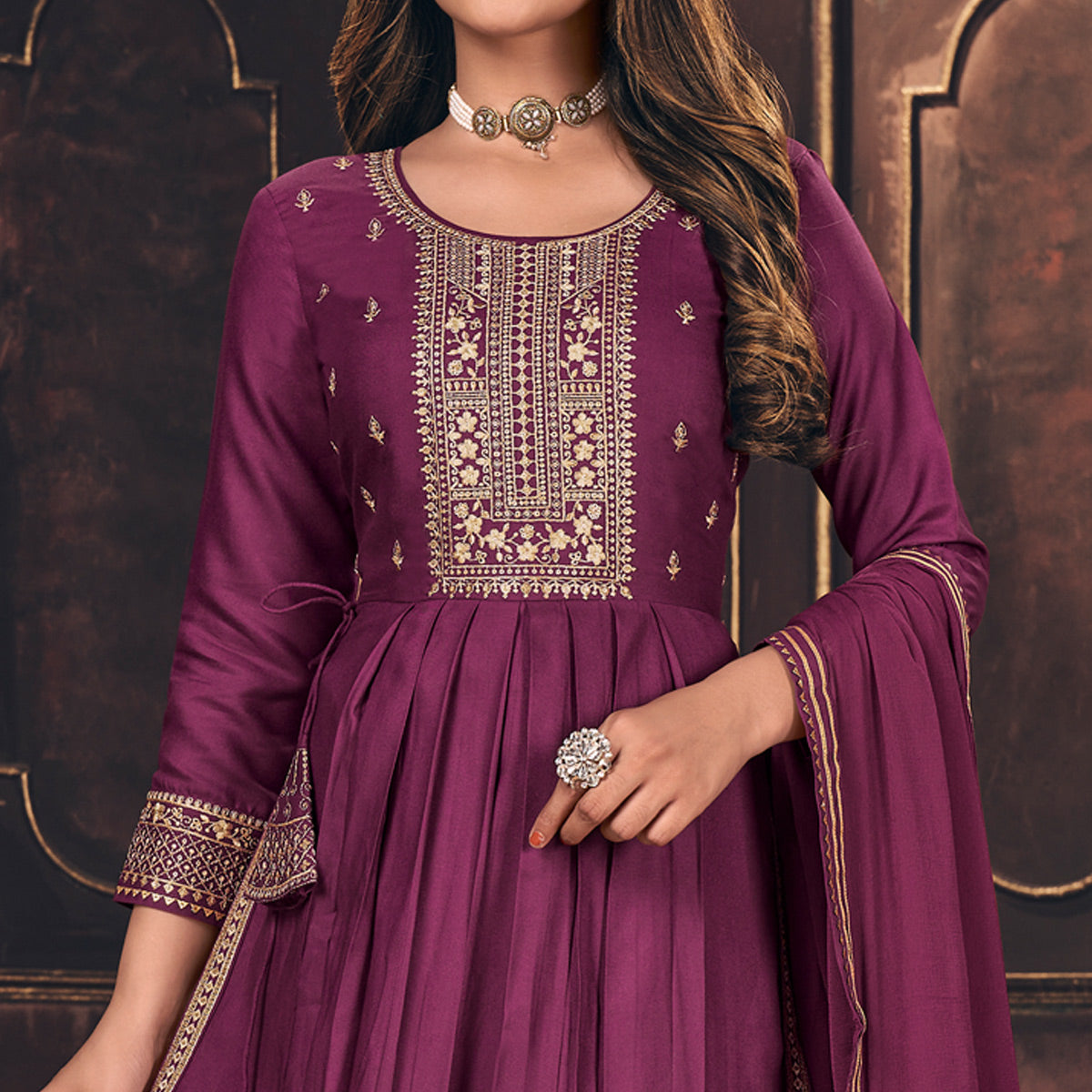 Wine Embroidered Cotton Silk Naira Cut Suit