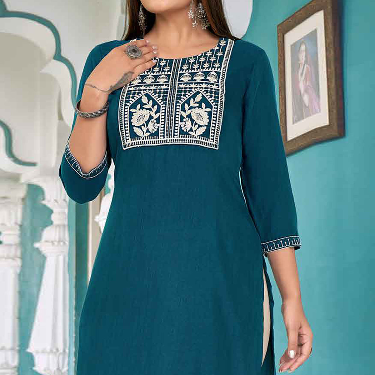 Blue Floral Embroidered Rayon Kurti