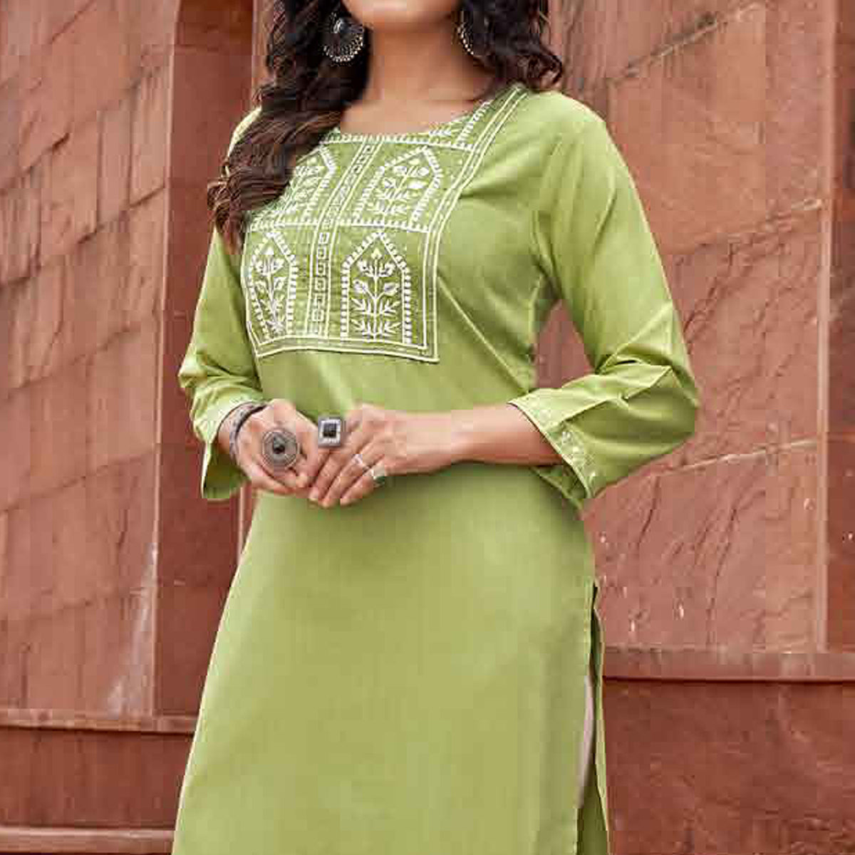 Green Floral Embroidered Rayon Kurti
