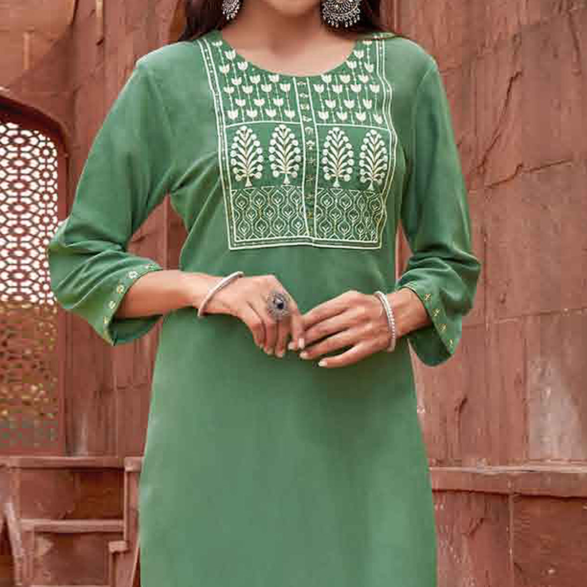 Green Floral Embroidered Rayon Kurti