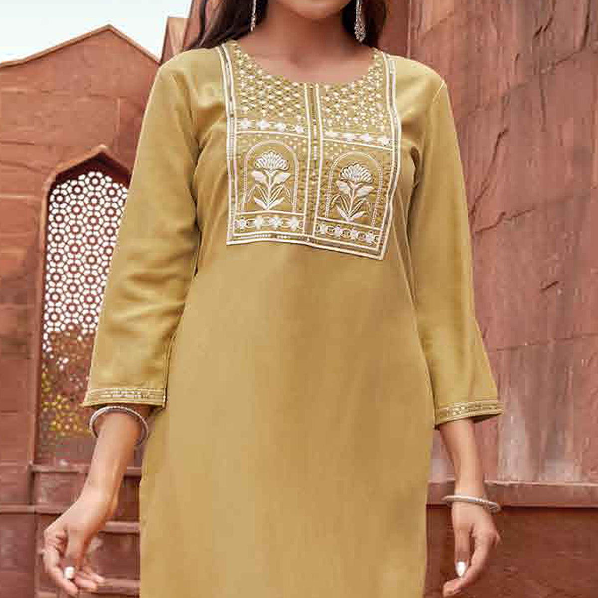 Mustard Floral Embroidered Rayon Kurti