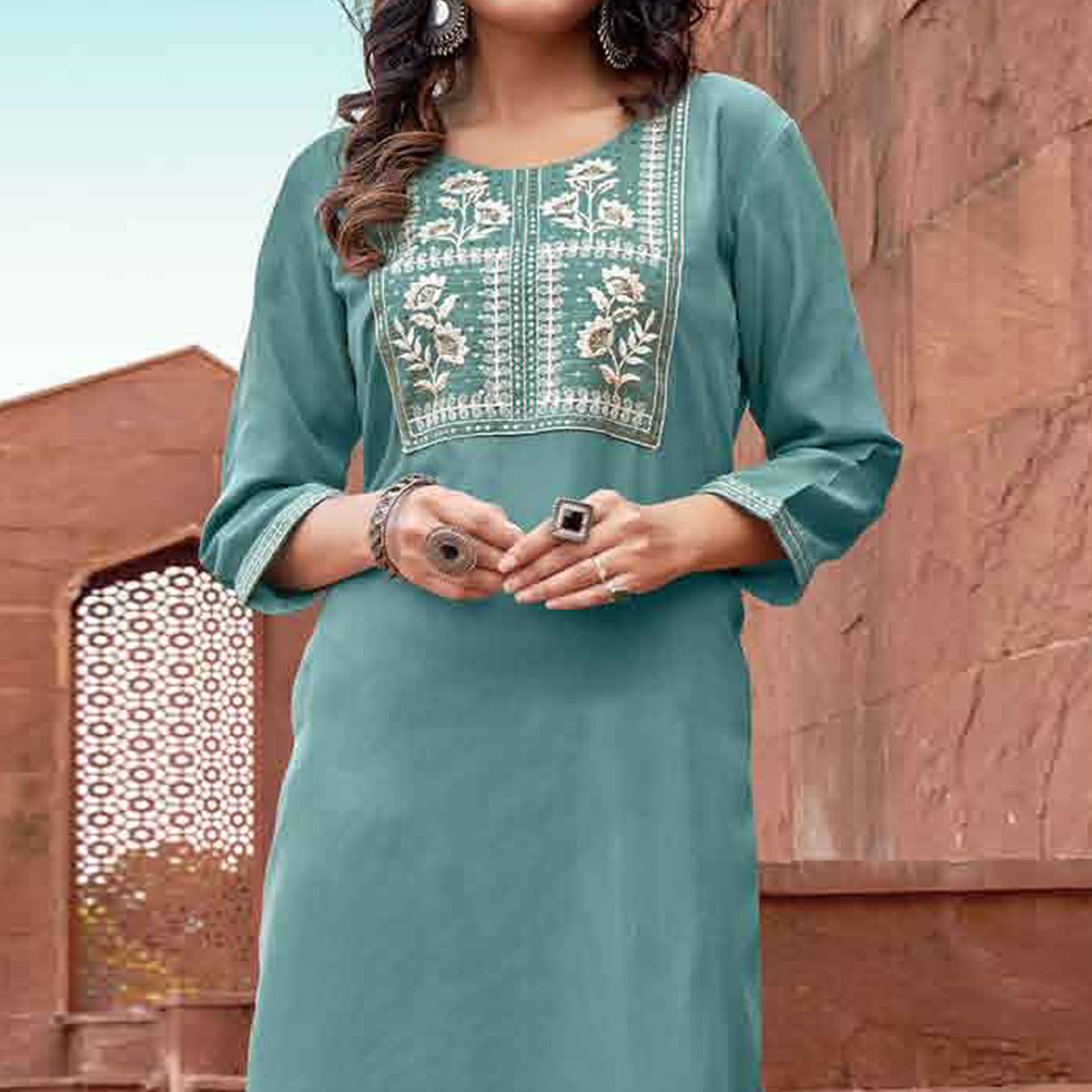 Blue Floral Embroidered Rayon Kurti
