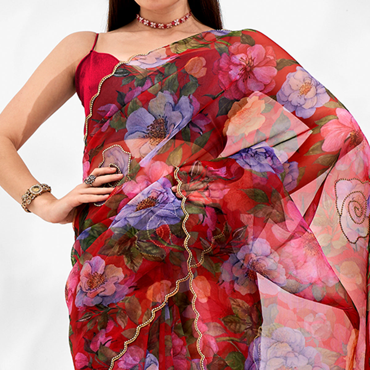 Red Floral Printed Khatli Work Organza Saree