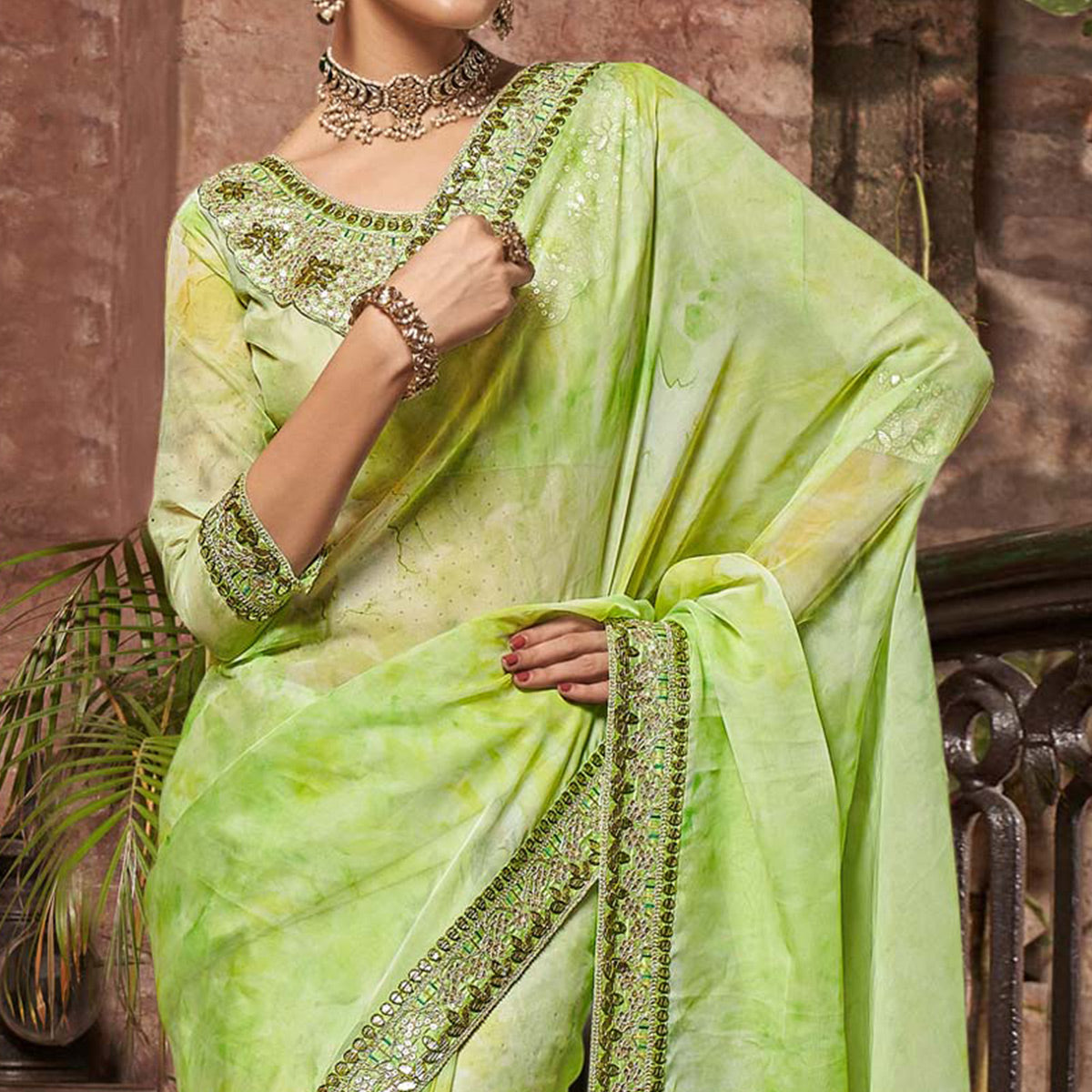 Green Abstract Printed With Embroidered Organza Saree