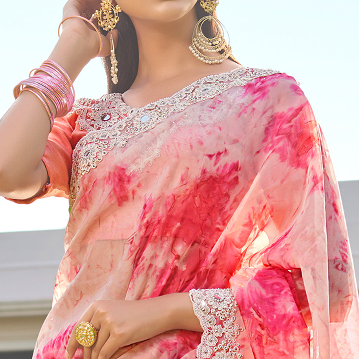Pink Abstract Printed With Embroidered Organza Saree