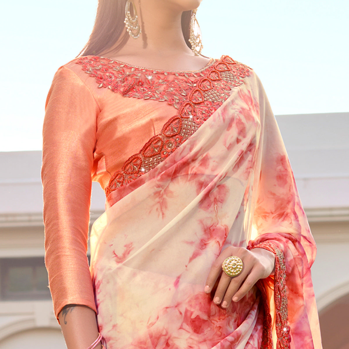 Peach Abstract Printed With Embroidered Organza Saree