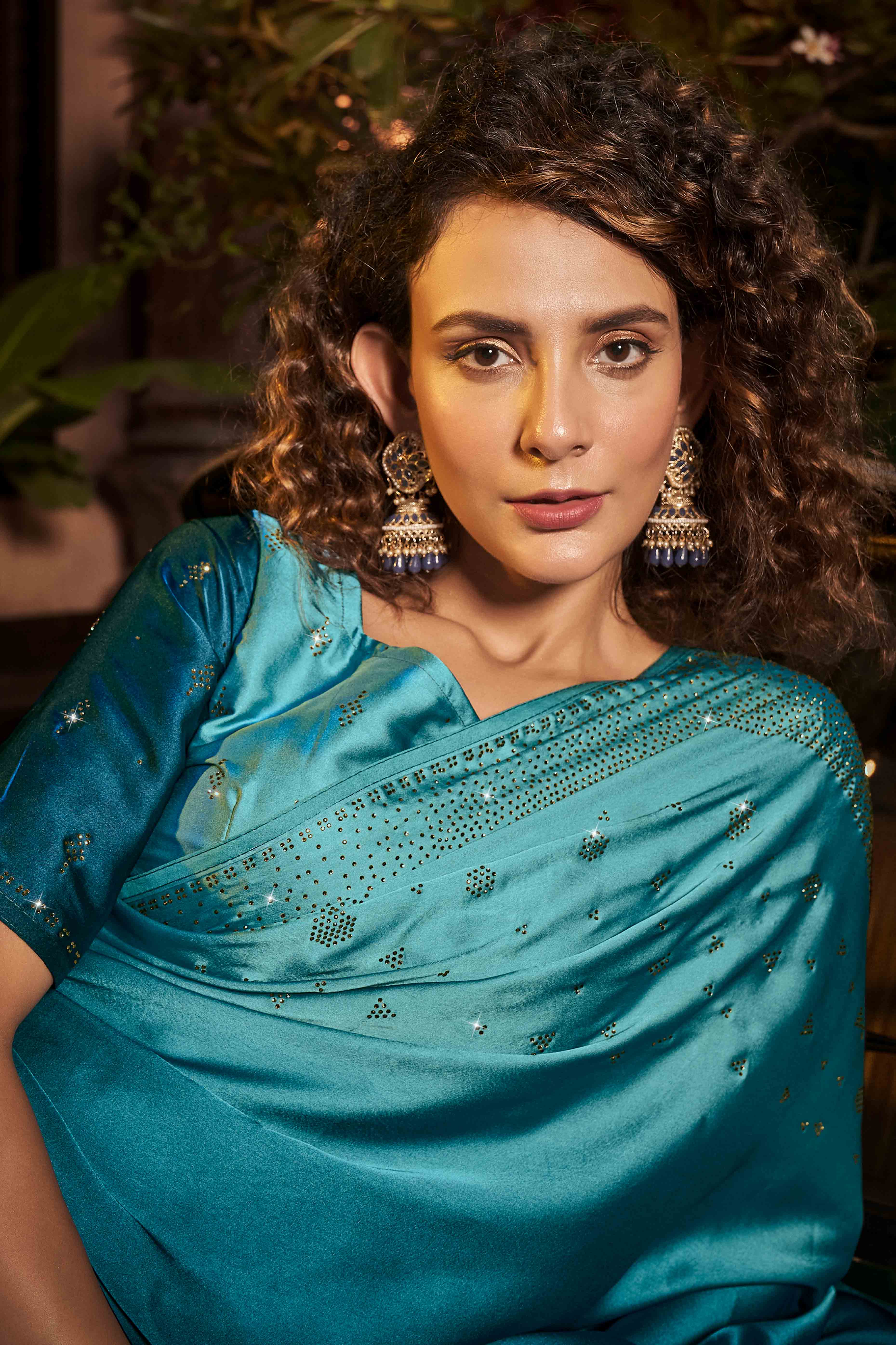 Teal Swarovski Work Embroidered Ombre Satin Saree