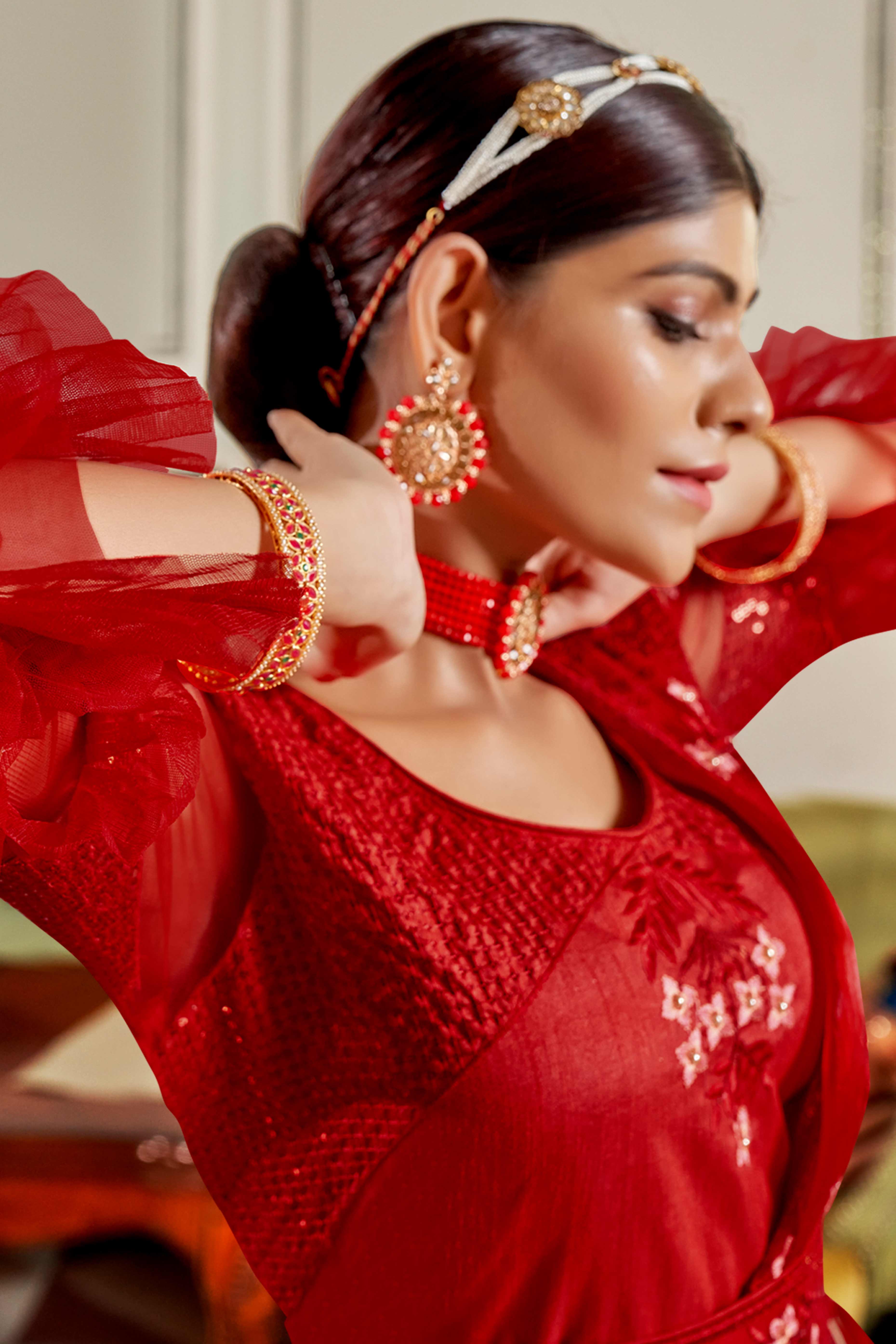 Red Swarovski Work Embroidered Jimmi Choo Saree