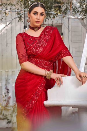 Red Sequins With Floral Embroidered Georgette Saree