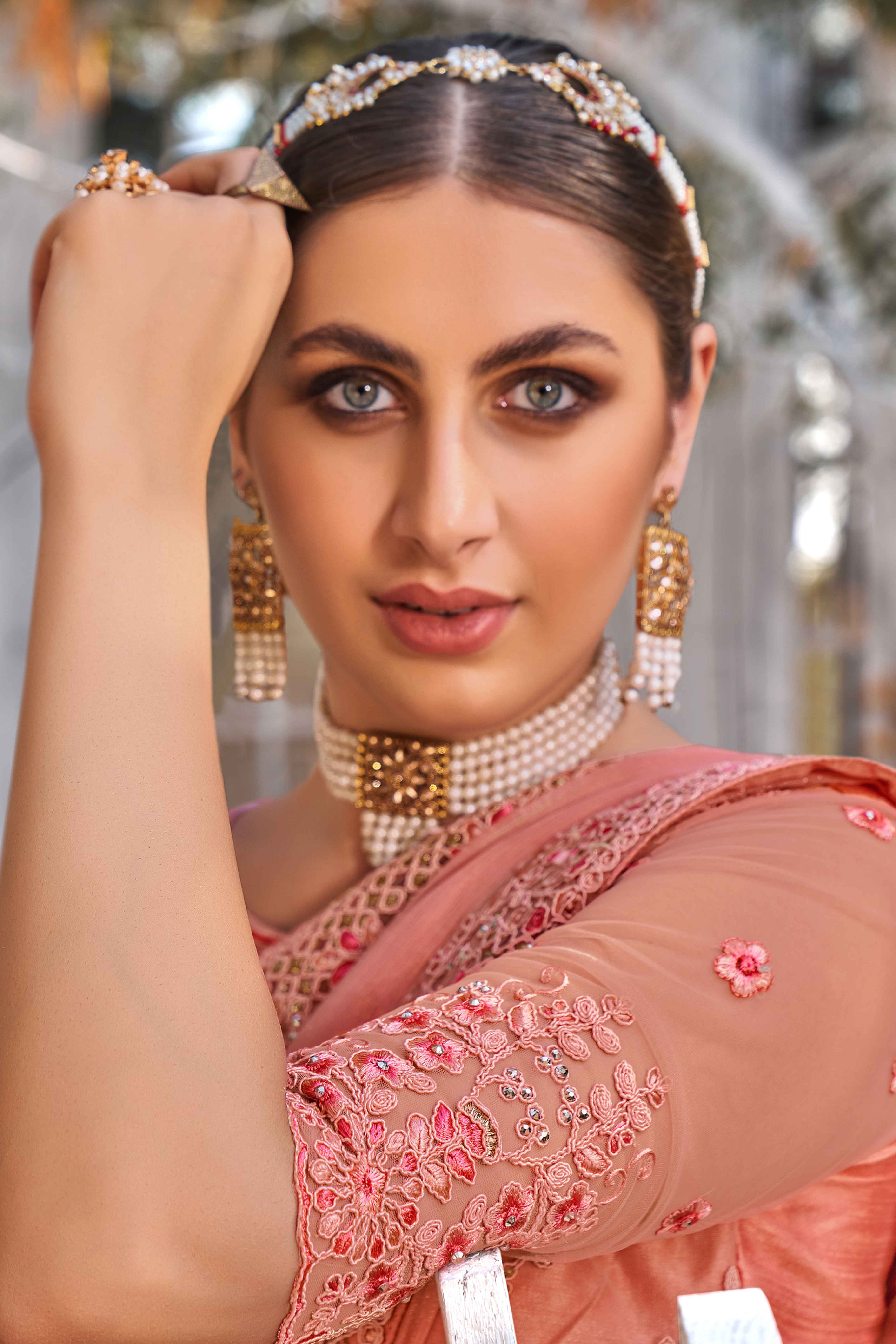 Peach Sequins With Floral Embroidered Georgette Saree
