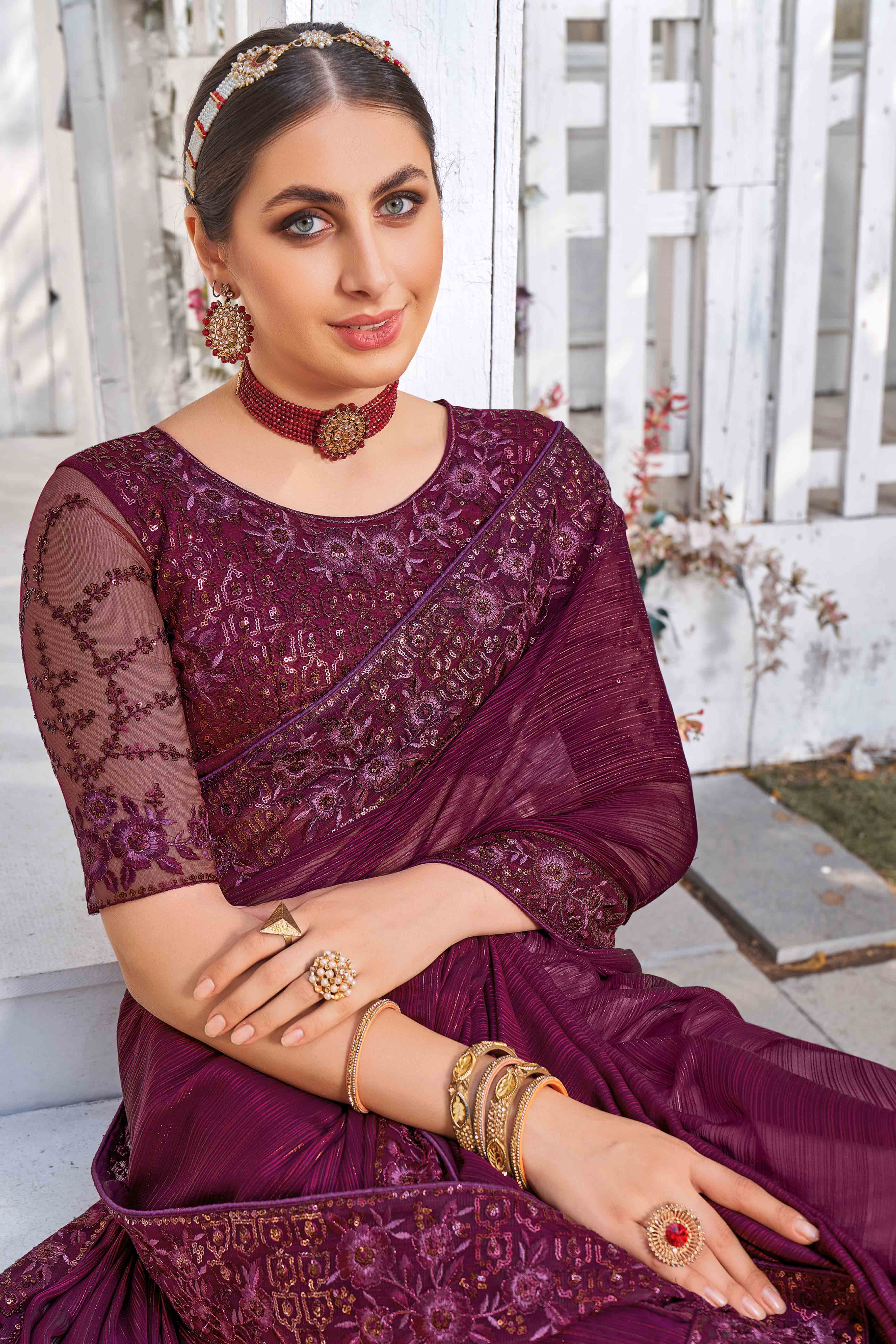 Wine Sequins With Floral Embroidered Georgette Saree