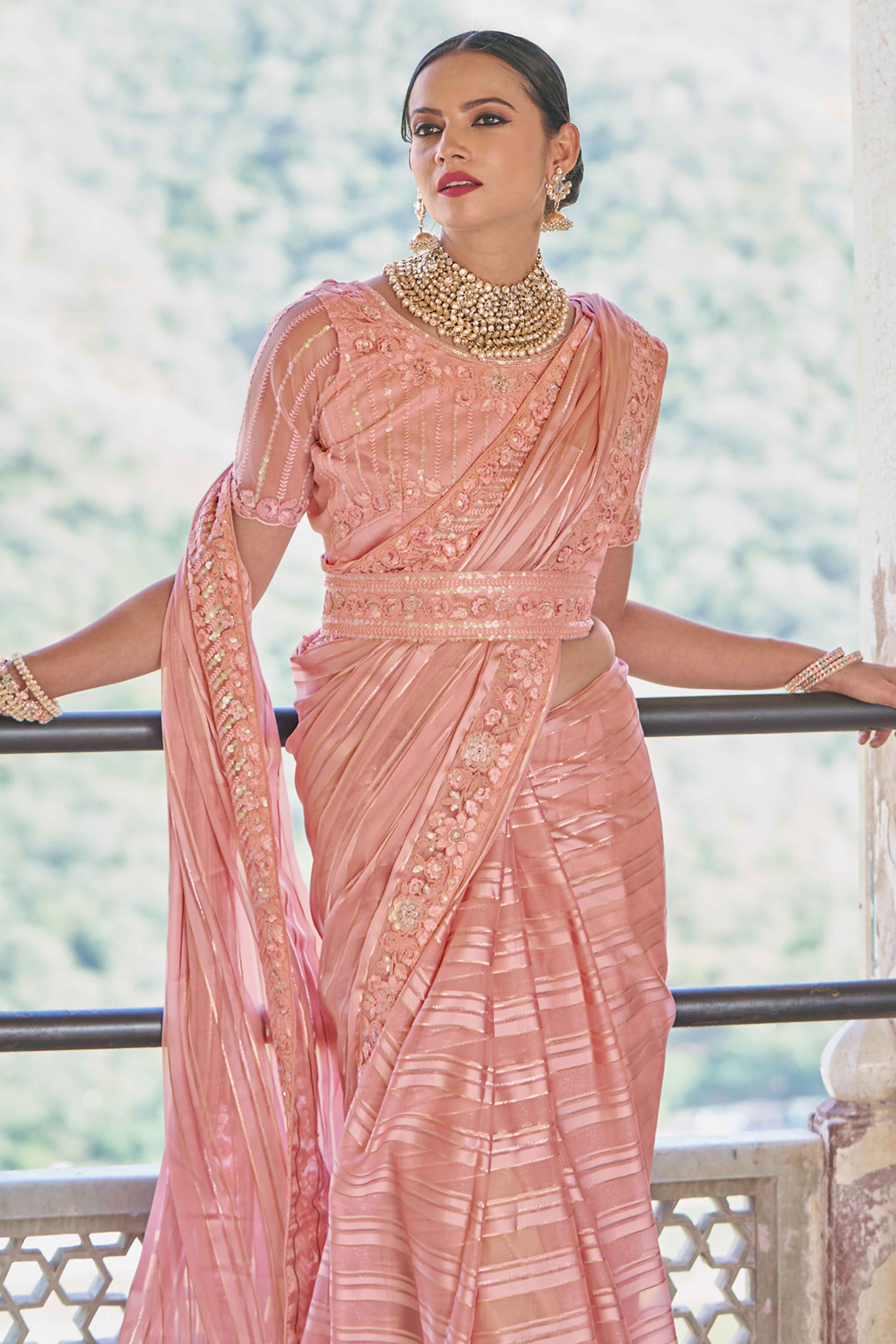 Peach Sequins Embroidered Georgette Saree