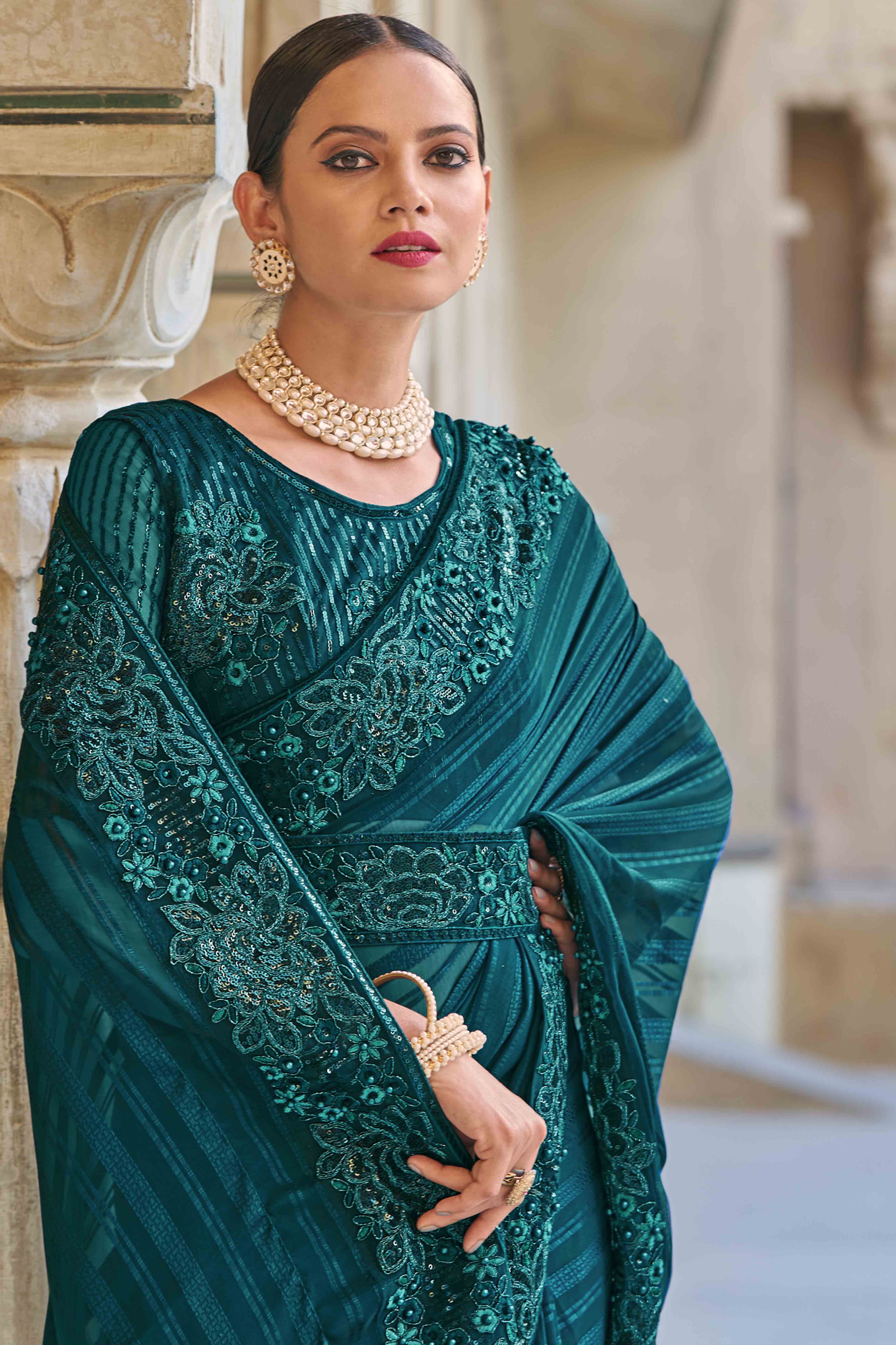 Morpich Green Sequins Embroidered Georgette Saree