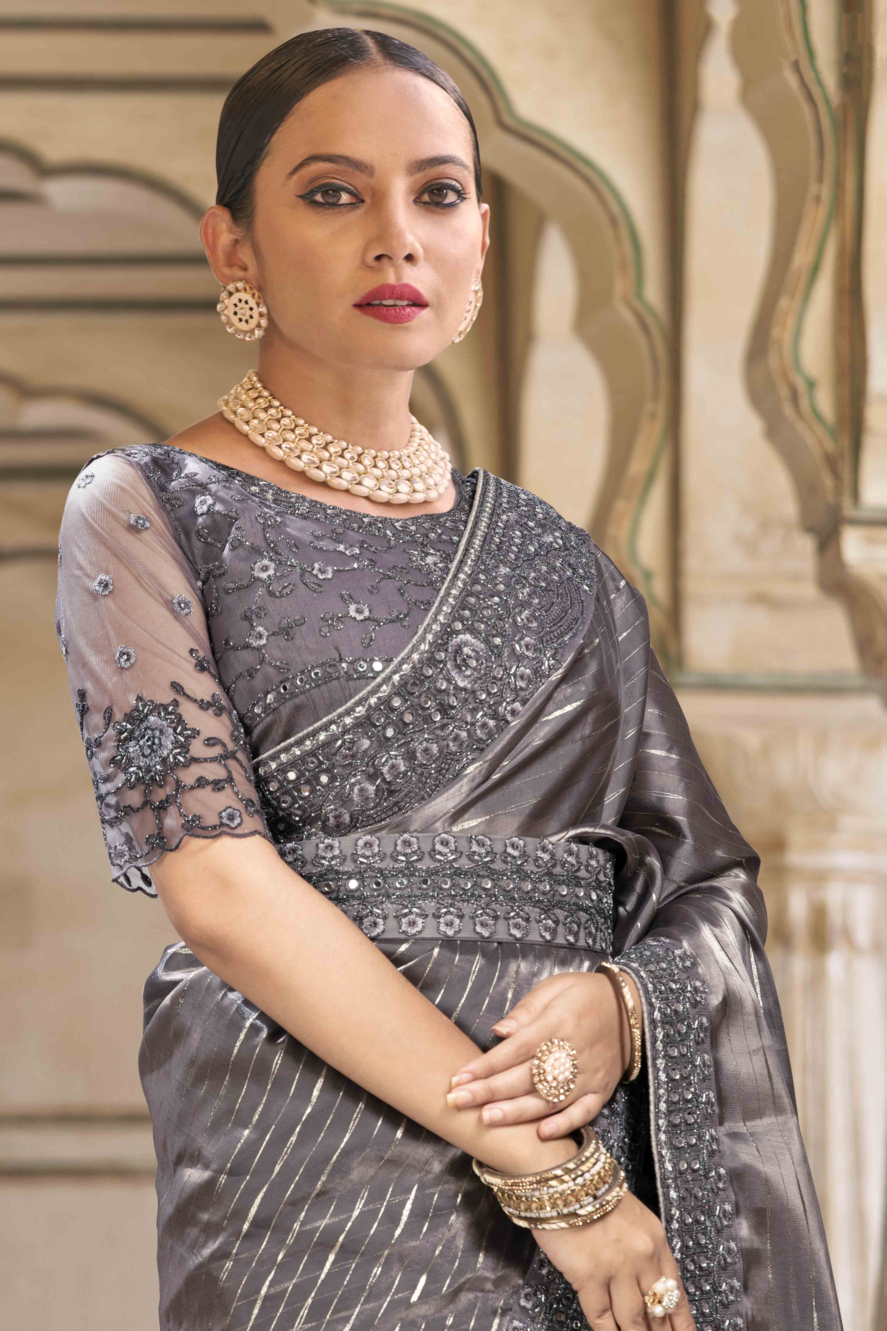 Grey Sequins Embroidered Georgette Saree