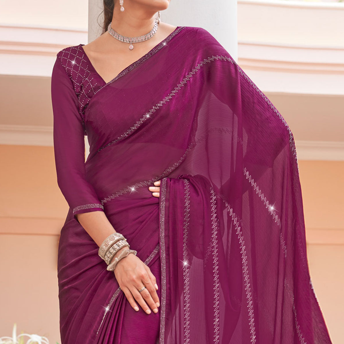 Purple Swarovski Work Georgette Saree