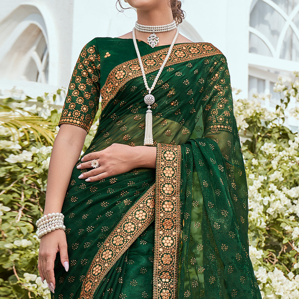 Green Foil Printed Georgette Saree With Embroidered Border