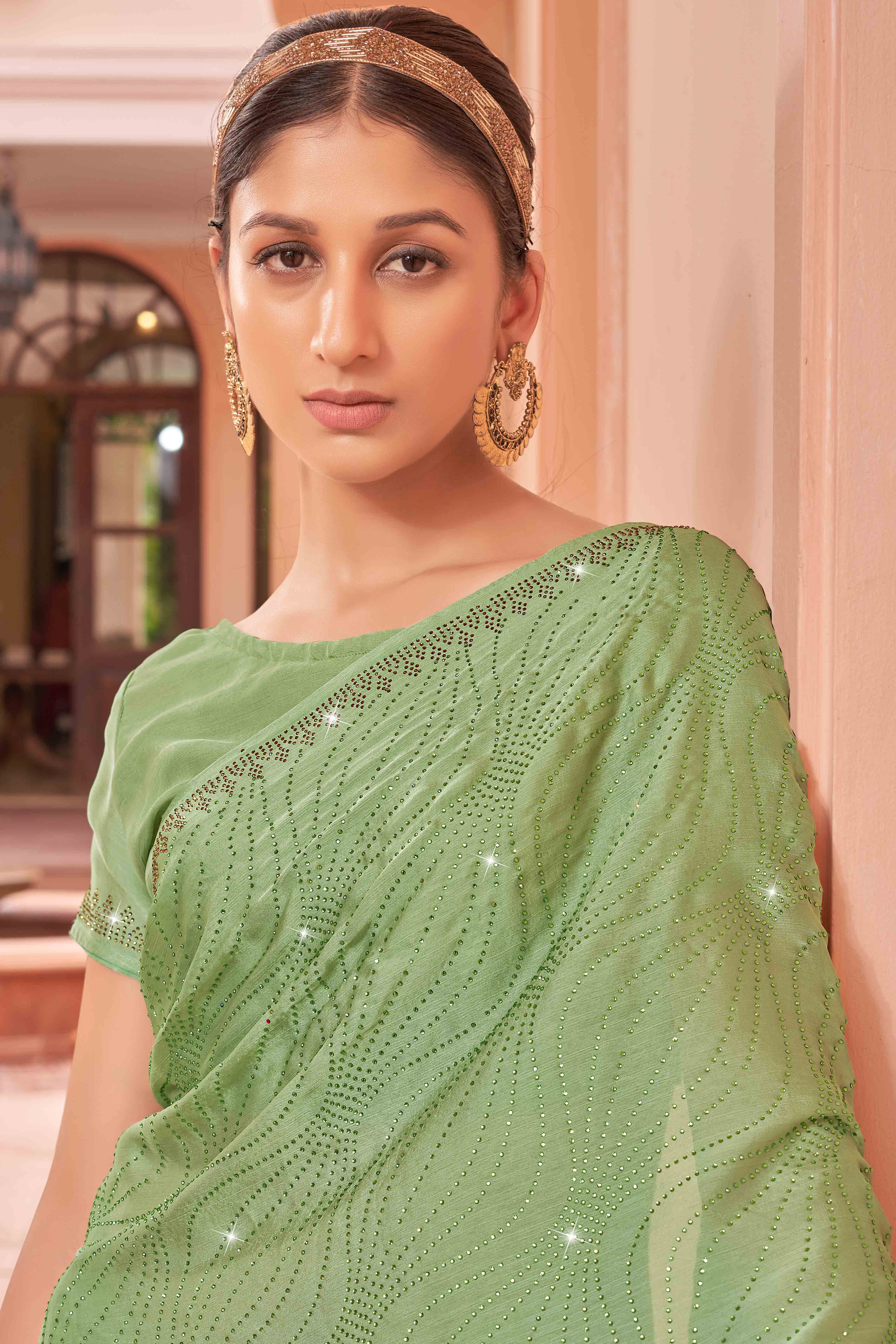 Green Swarovski Work Embroidered Satin Saree