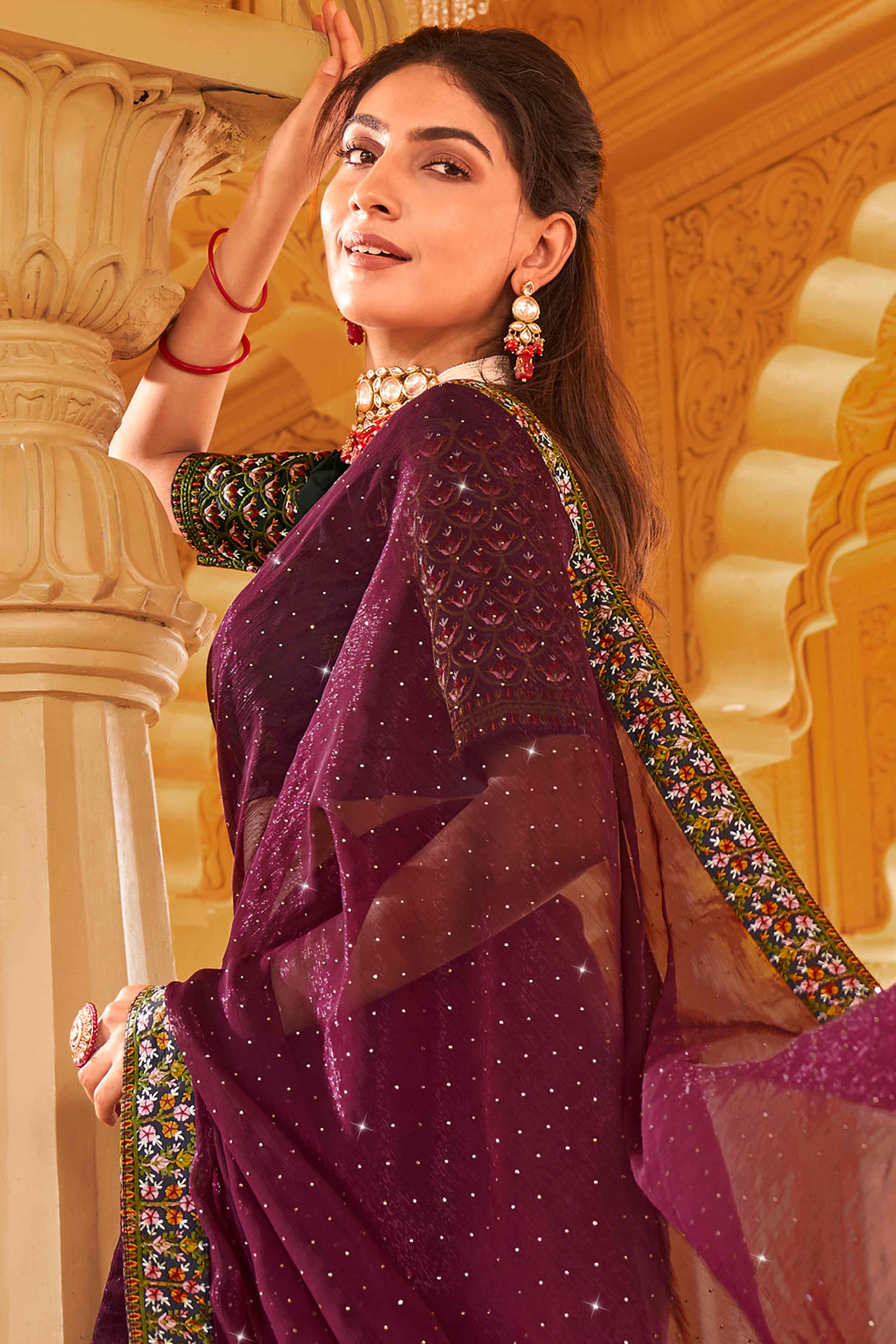 Wine Swarovski Work Embroidered Shimmer Saree