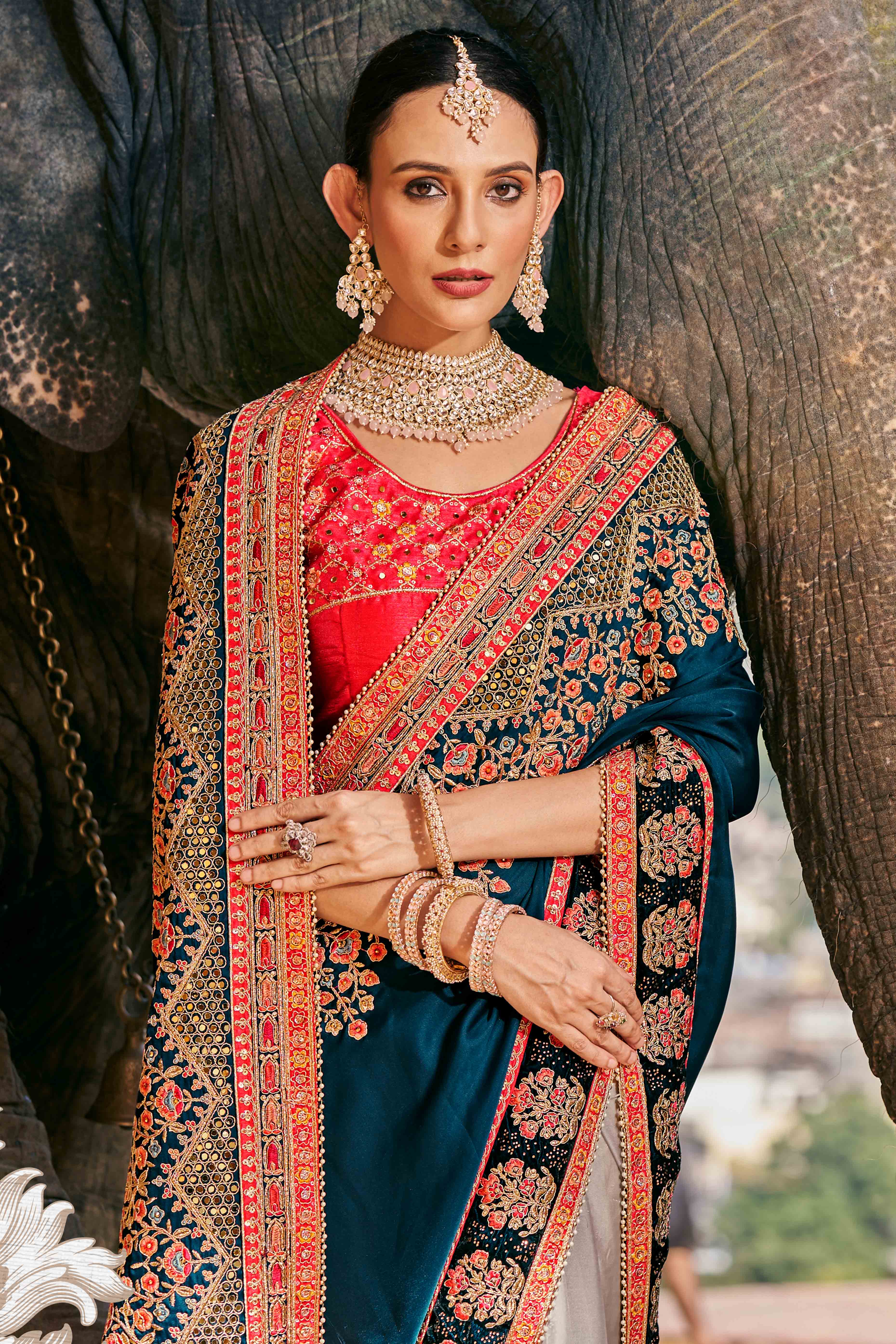 Teal And Off White Sequins With Floral Embroidered Organza Saree