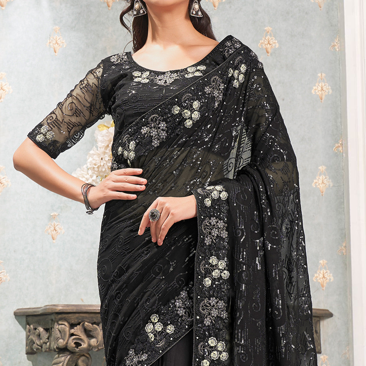 Black Sequins Embroidered Georgette Saree