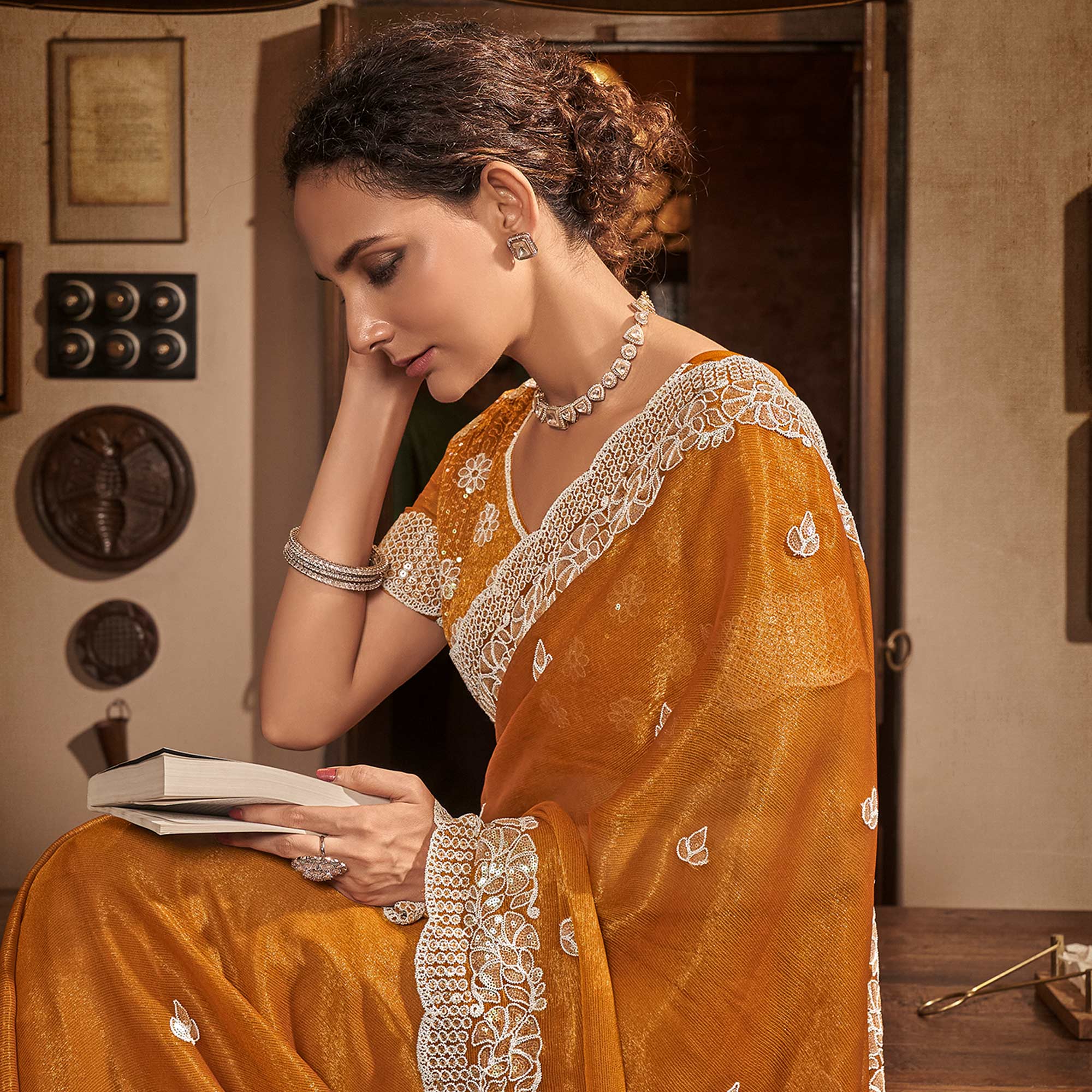 Mustard Sequins With Embroidered Chiffon Saree