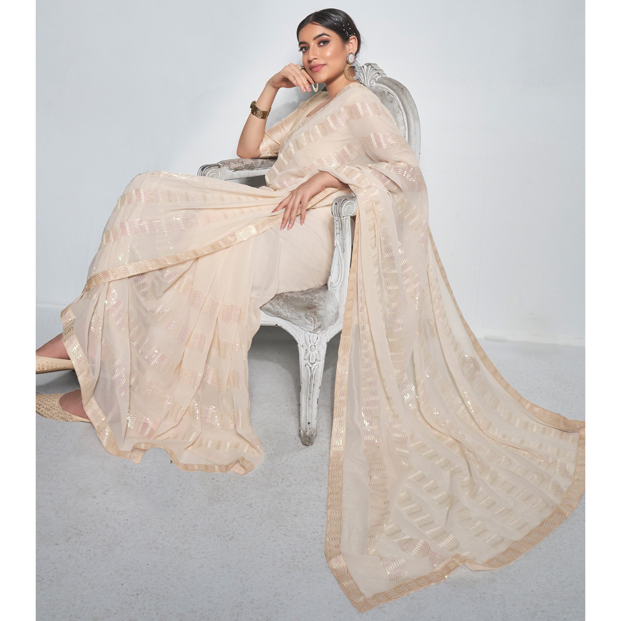 Beige Sequins Embroidered Georgette Saree