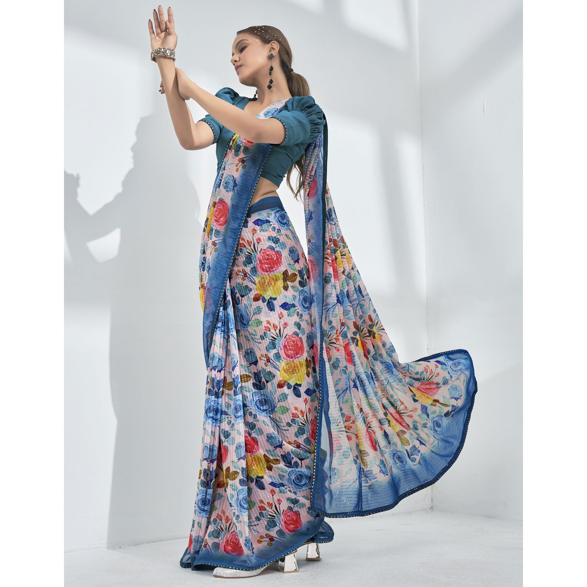 Pink & Blue Floral Print Georgette Saree