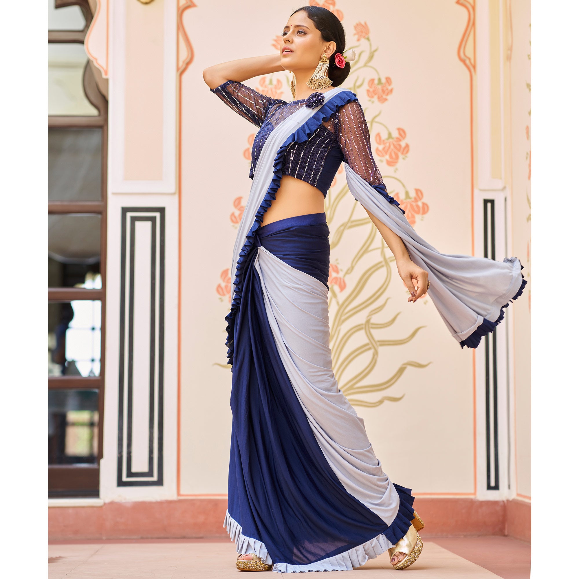 Blue And Grey Half Half Lycra Ready To Wear Saree