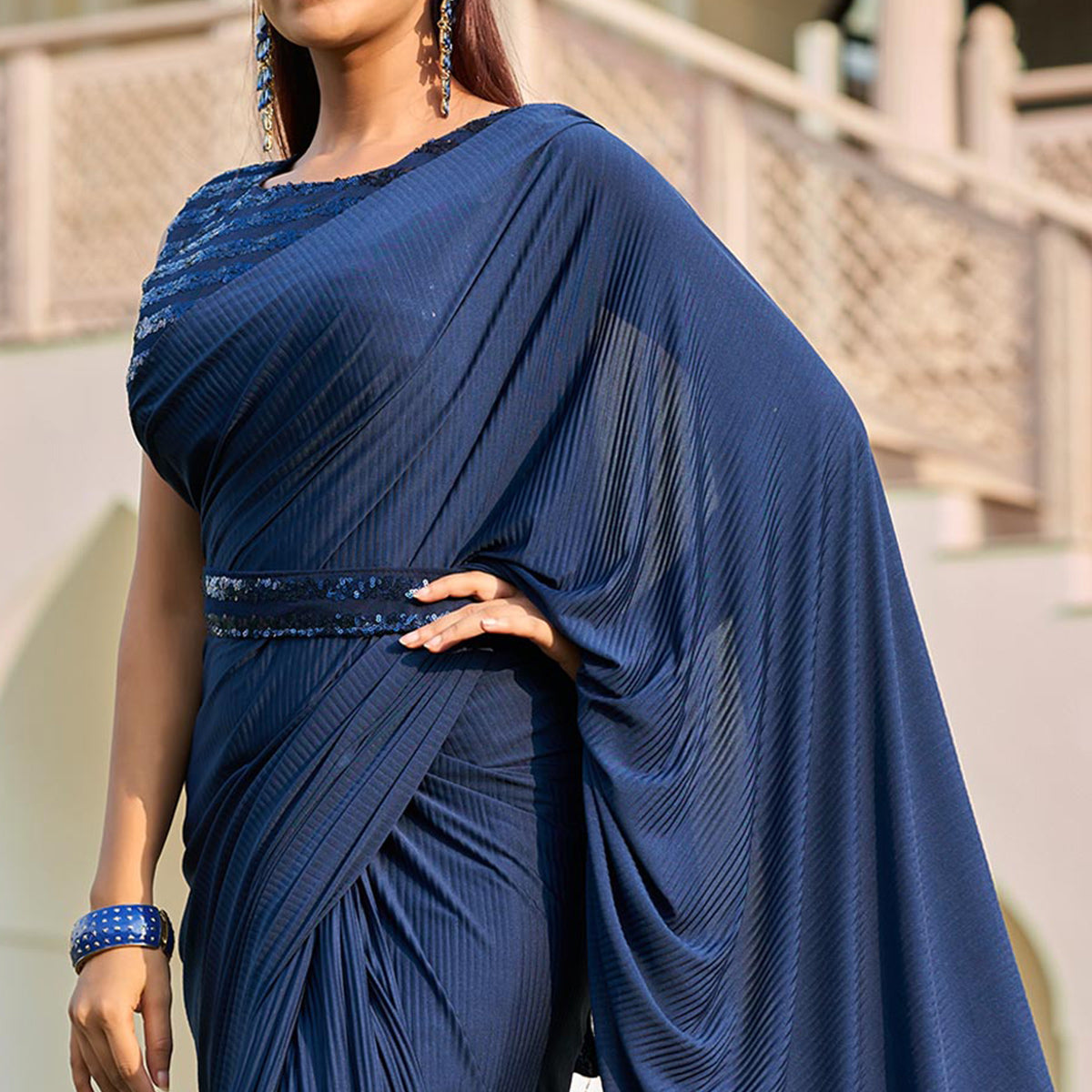 Navy Blue Lycra Crush Design Ready To Wear Saree