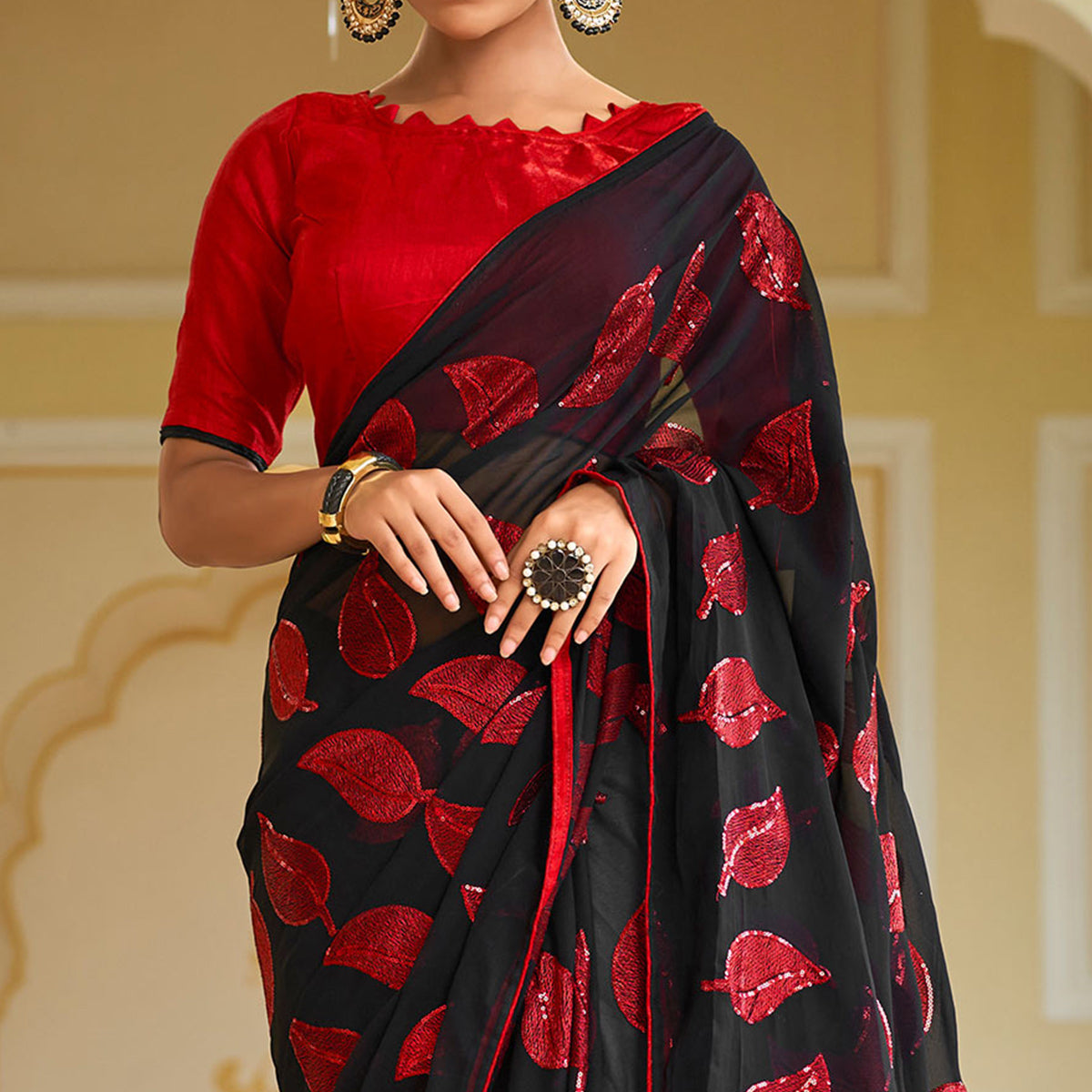 Black & Red Sequins Embroidered Georgette Saree