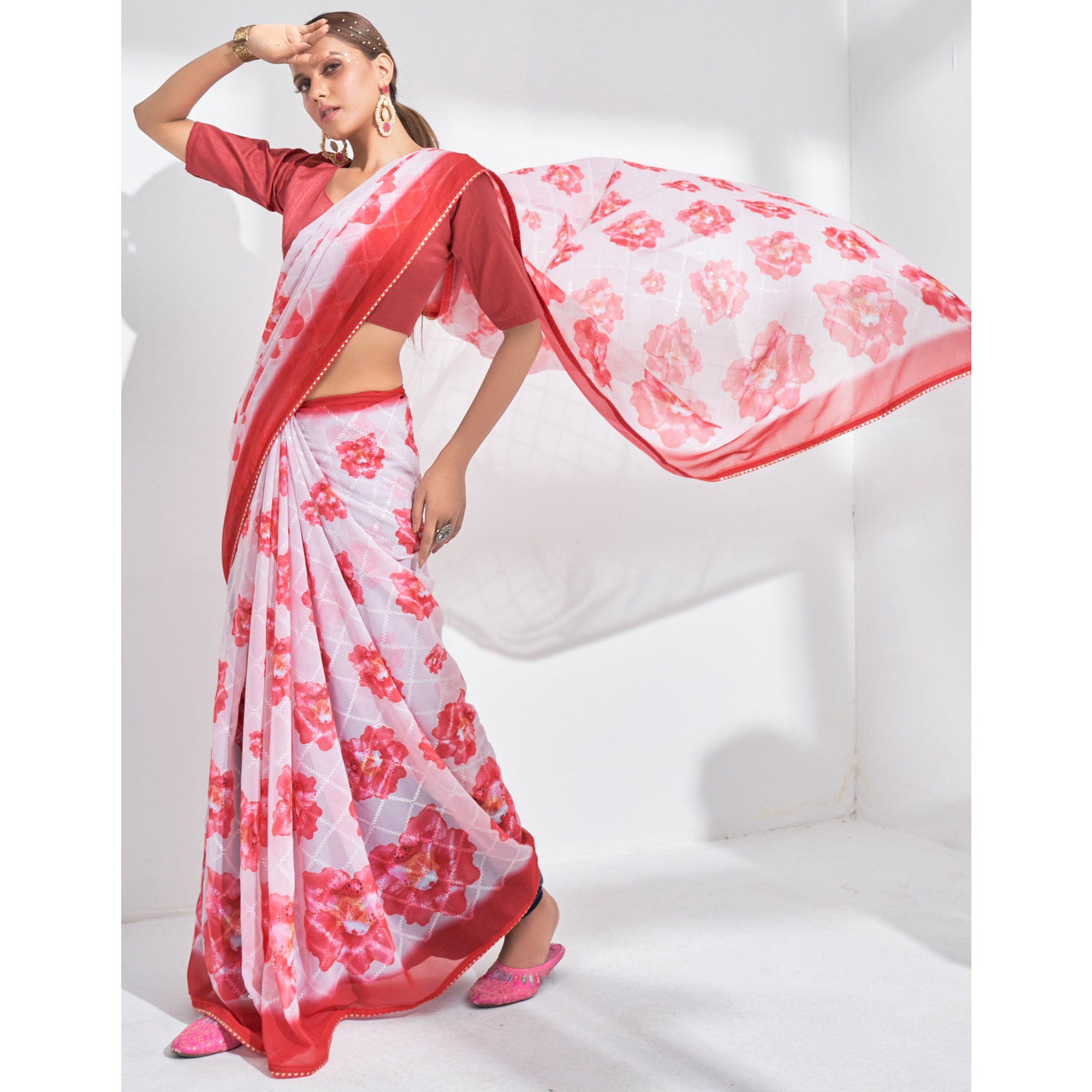 White And Pink Sequins Embroidered Georgette Saree