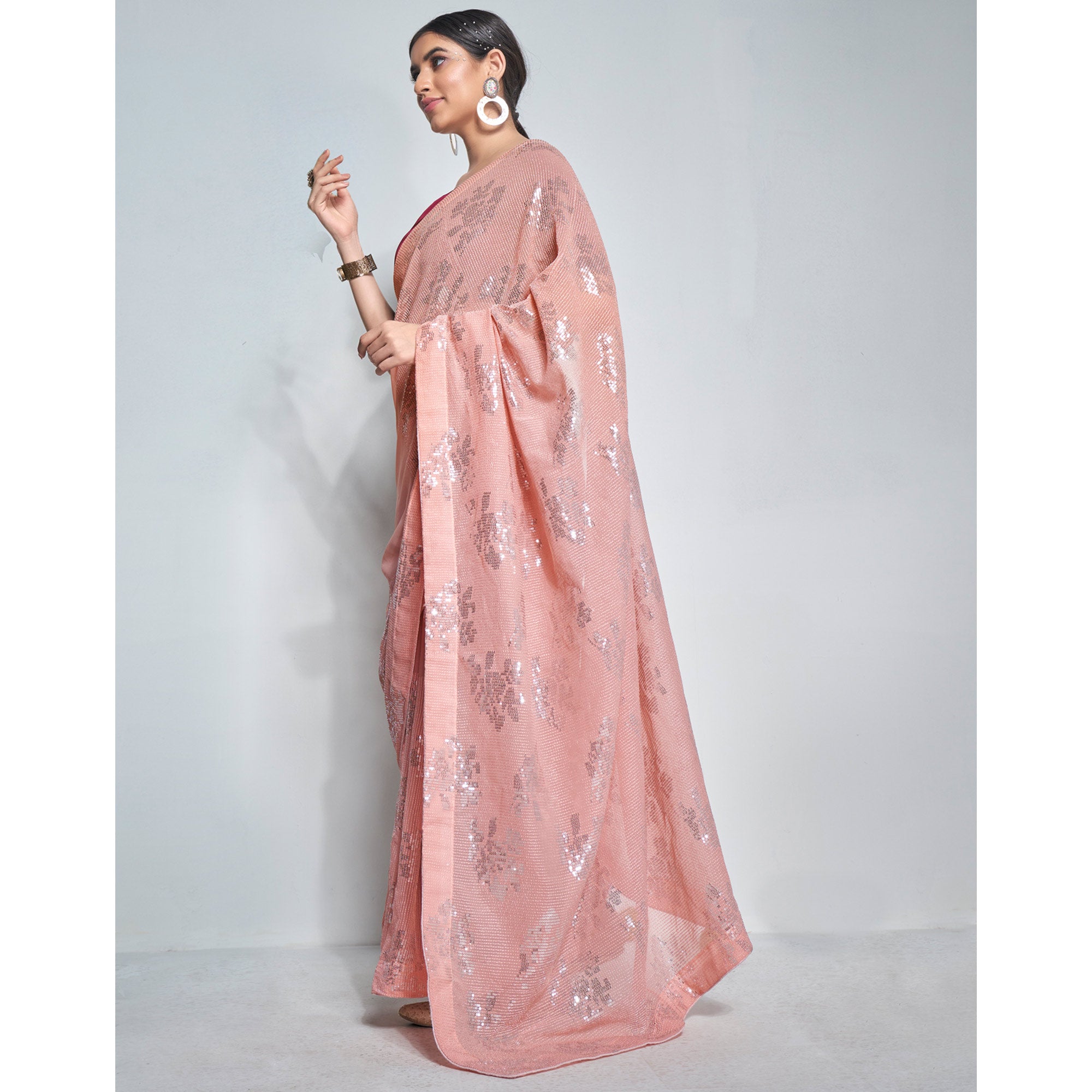 Peach Sequins Embroidered Georgette Saree