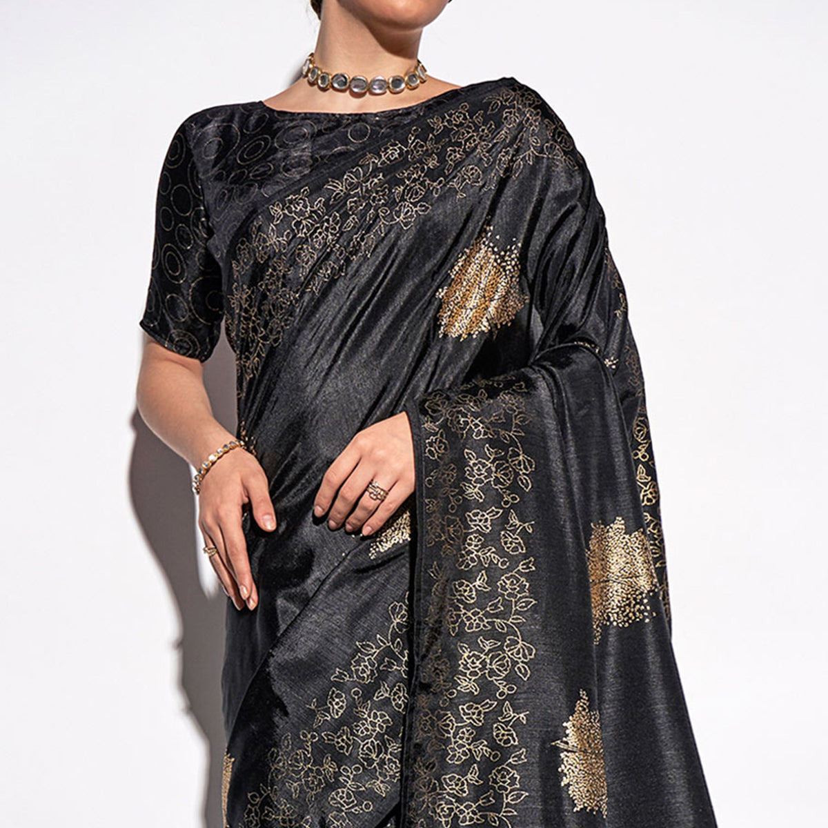 Black Foil Print Georgette Fabric Saree