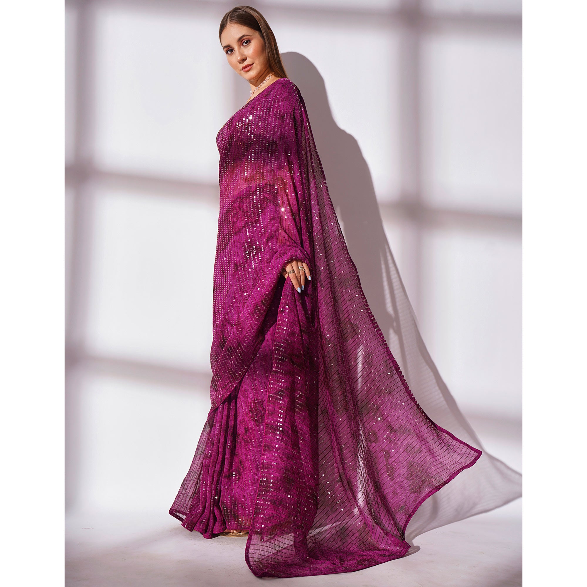 Wine Ombre Print Sequence Work Georgette Saree