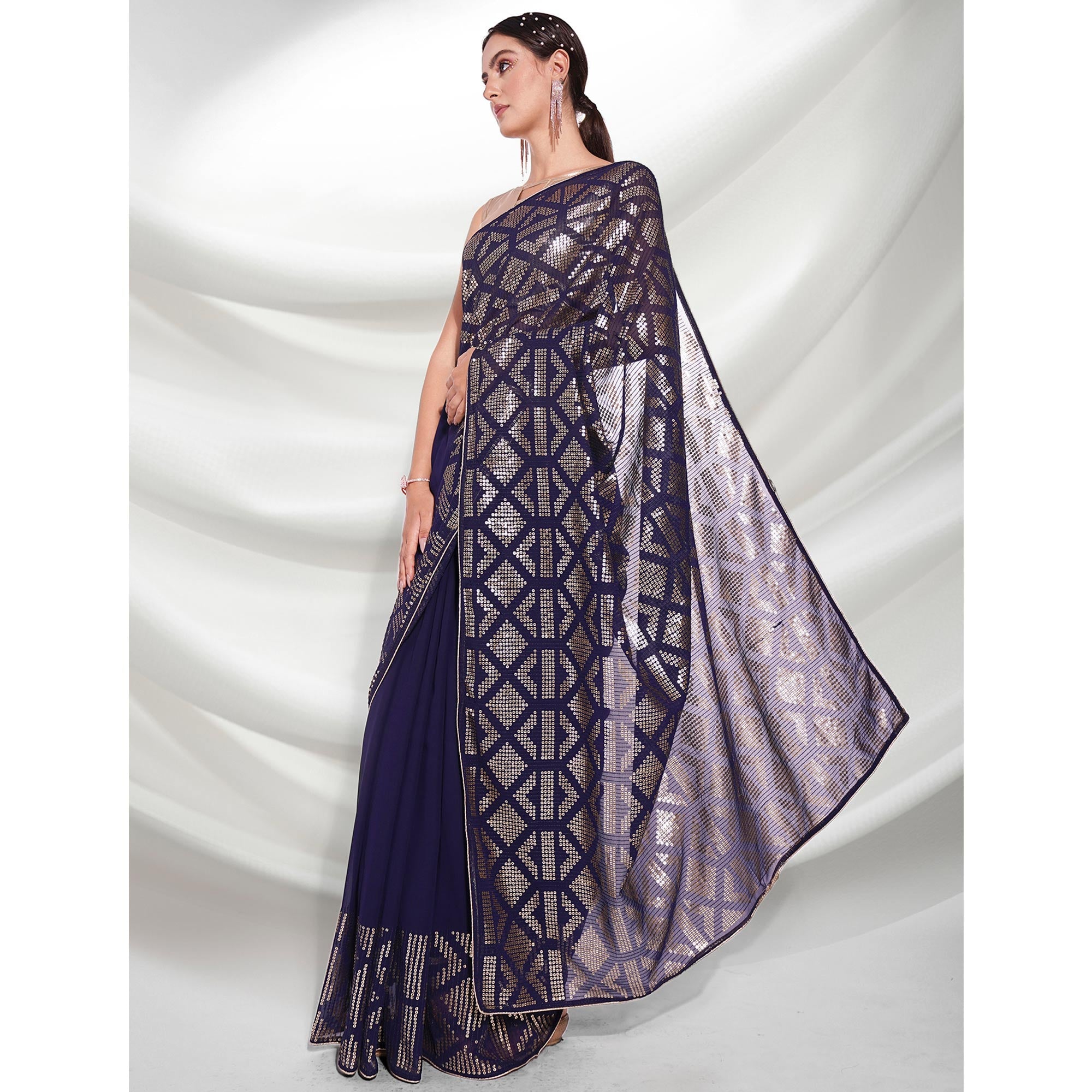 Navy Blue Sequins Embroidered Georgette Saree