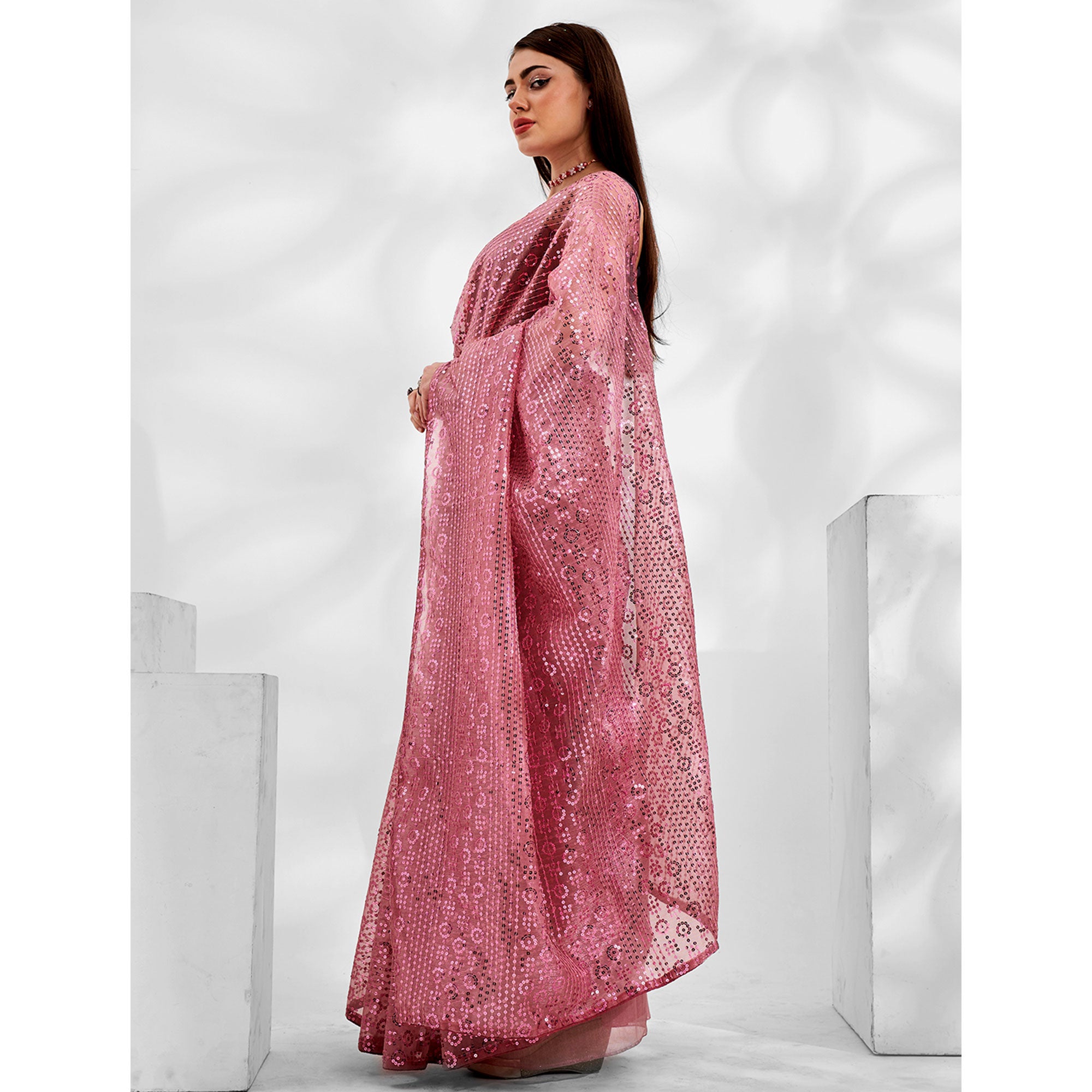 Pink Embroidered Sequinned Organza Saree