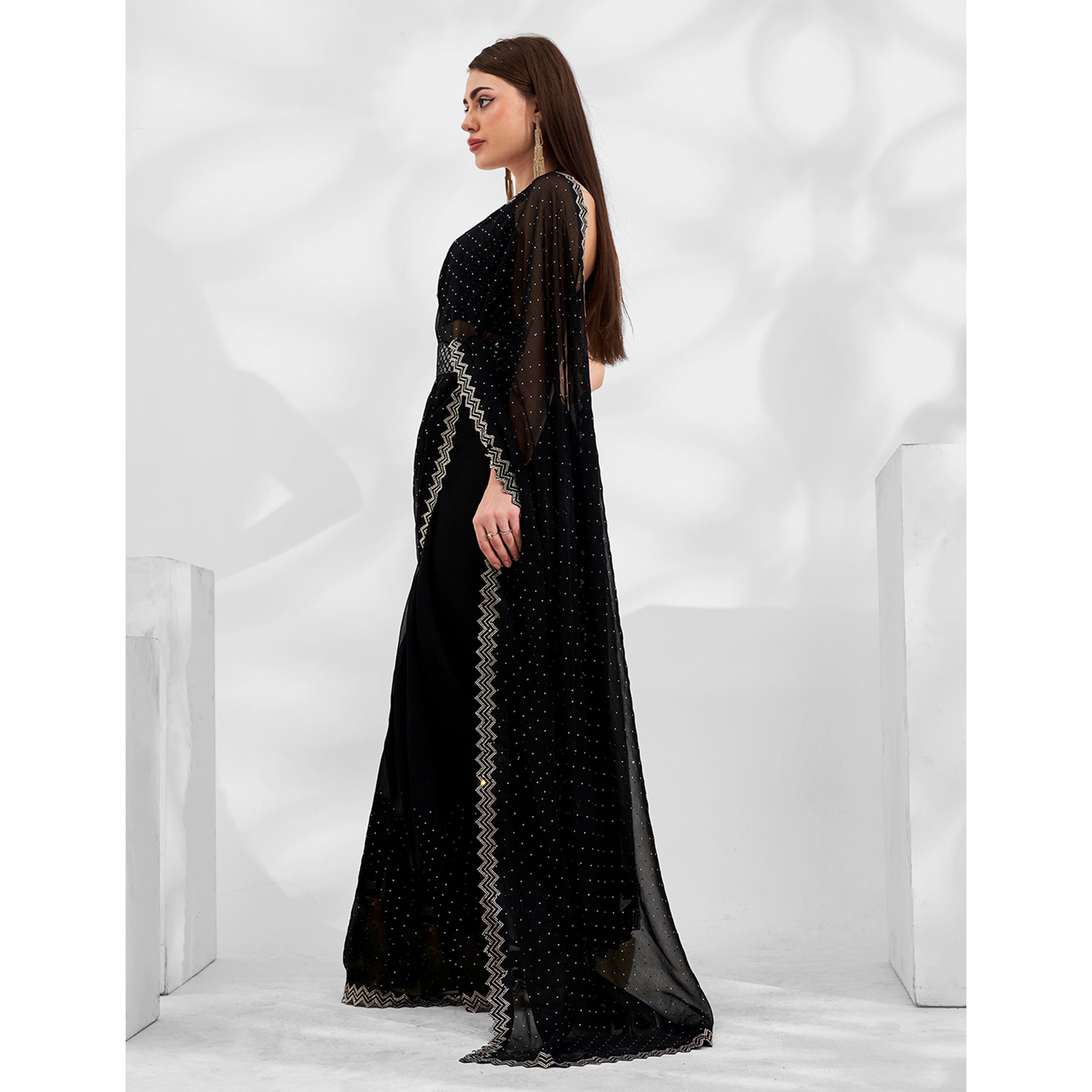 Black Embroidered Swaroski Work Chiffon Saree