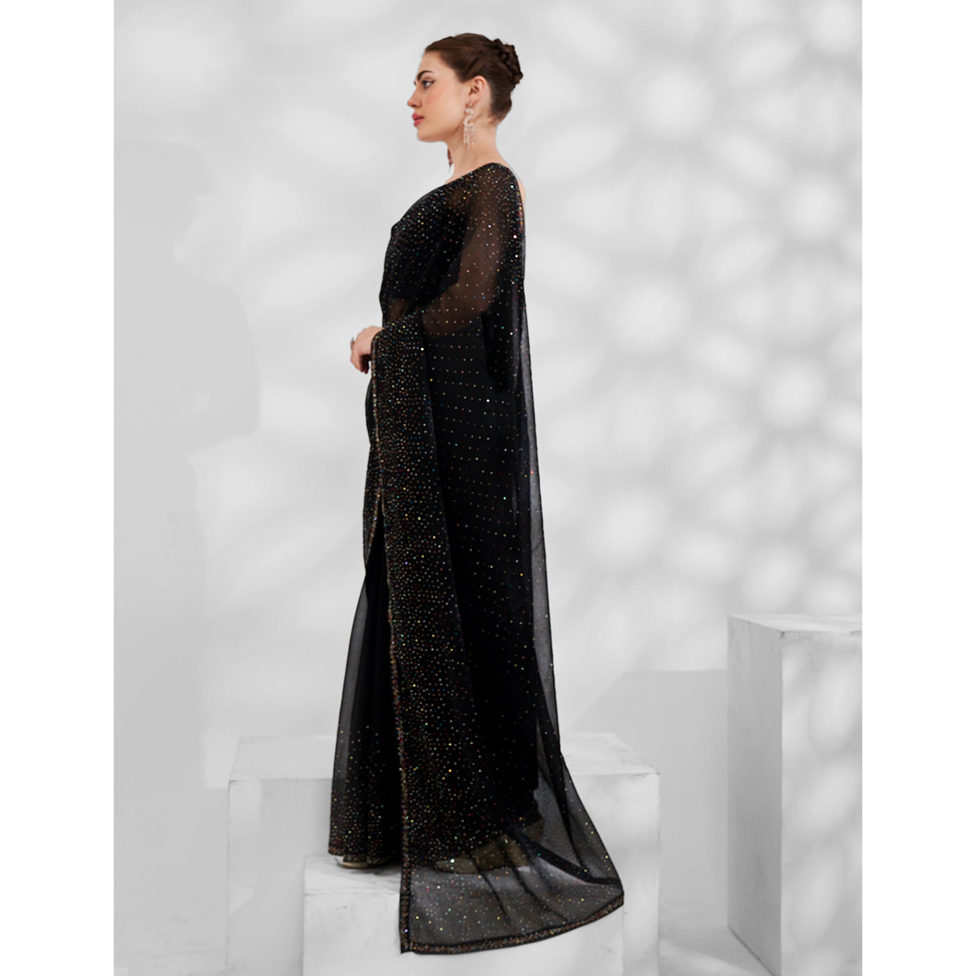 Black Embroidered Swaroski Work Chiffon Saree