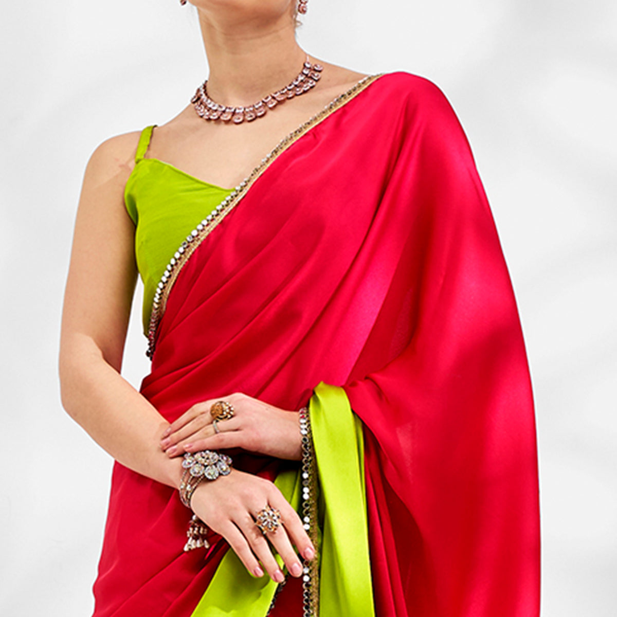 Pink & Green Solid Pure Silk Saree With Mirror Work Border