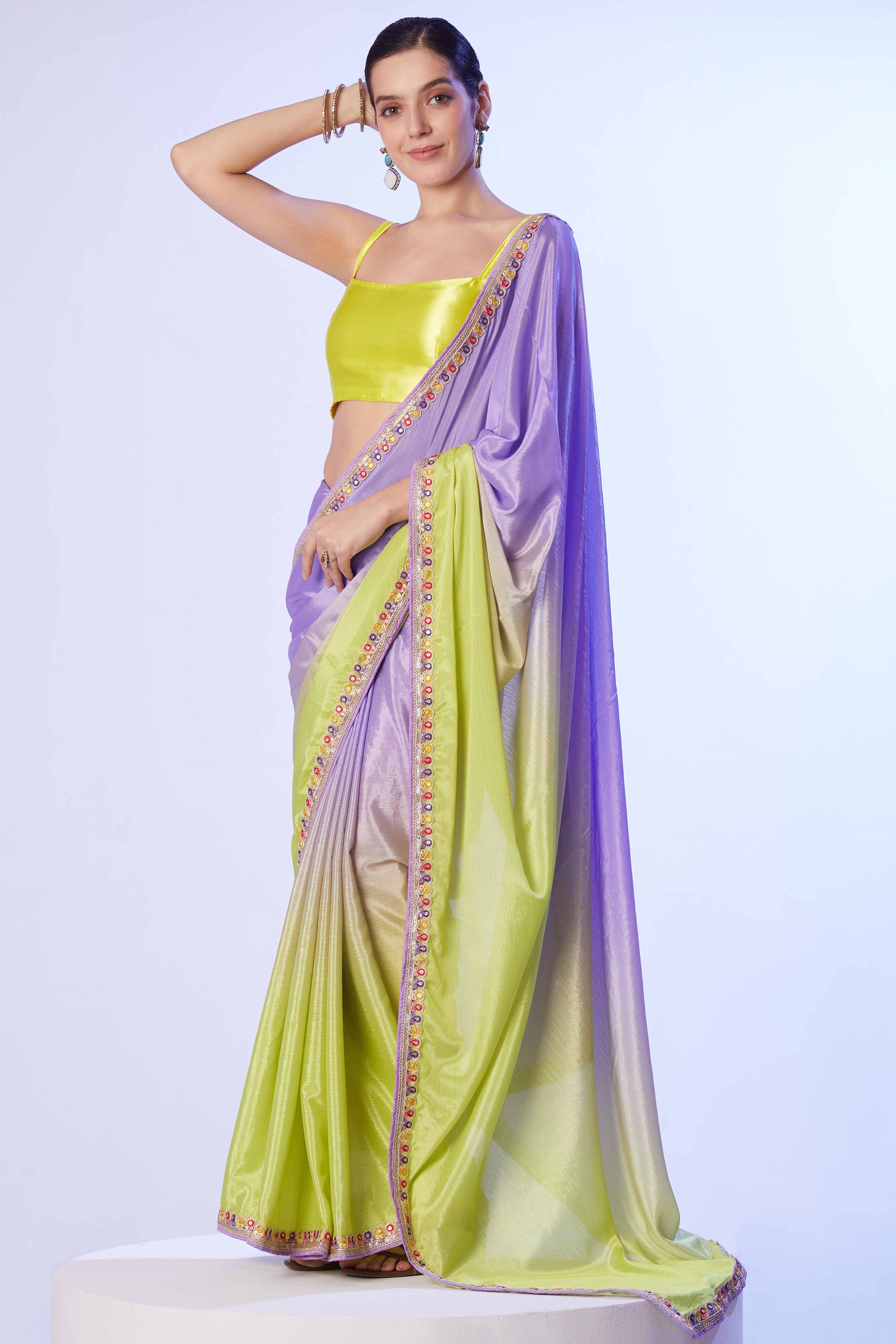 Green & Purple Ombre Bliss Chinon Solid Saree