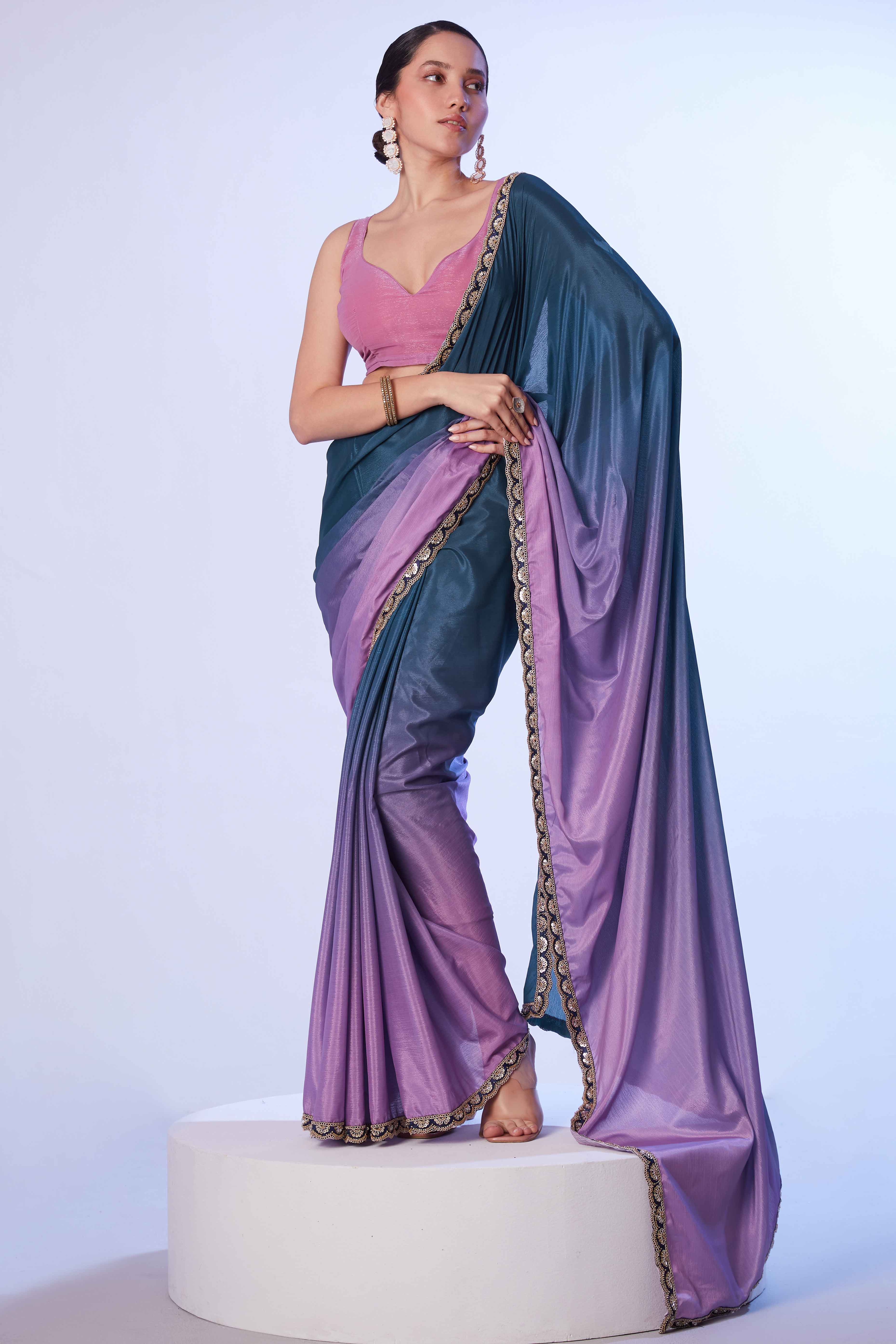 Blue & Purple Ombre Bliss Chinon Solid Saree