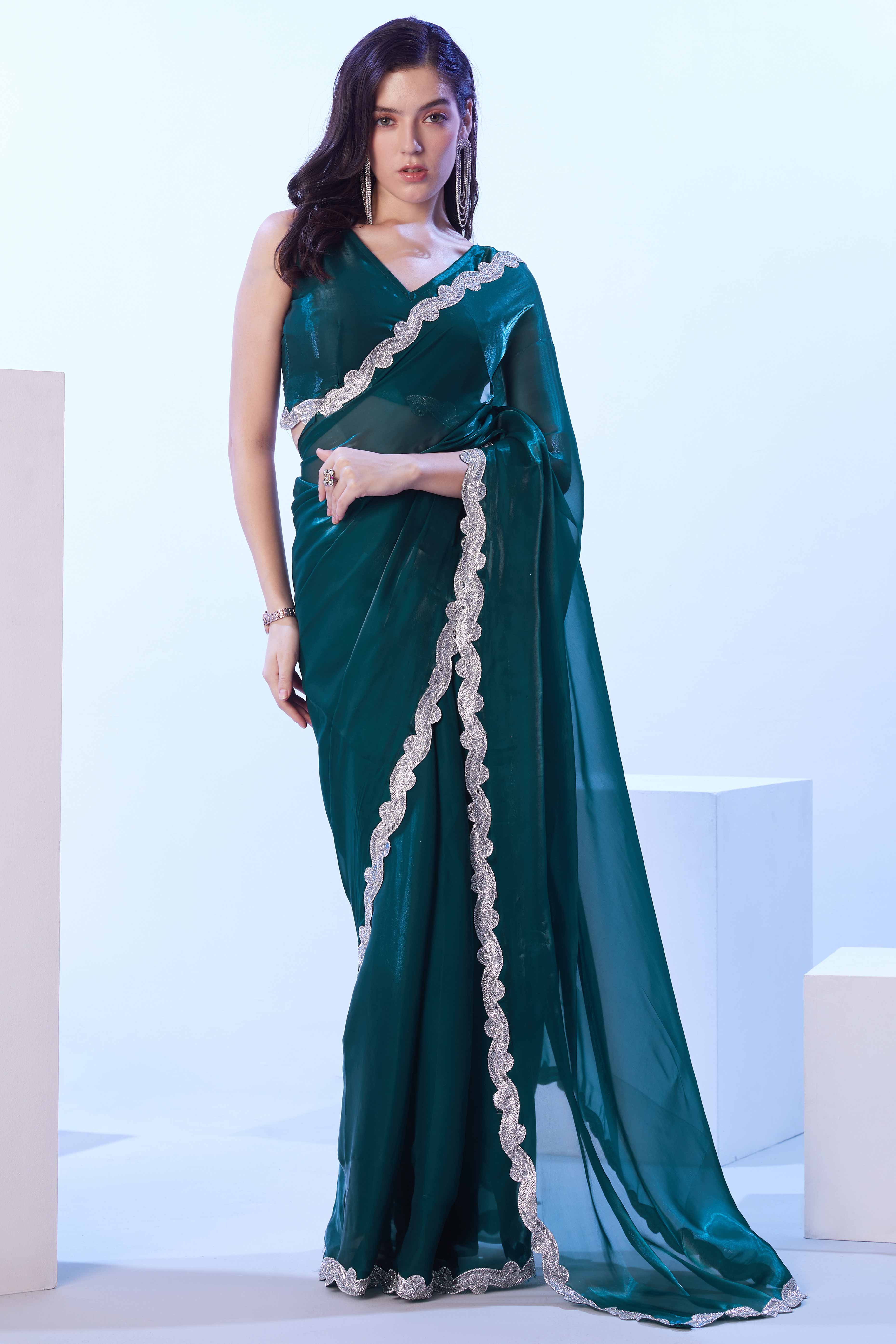 Morpich Green Satin Solid Embroidered Saree Adorned with Beads & Stones