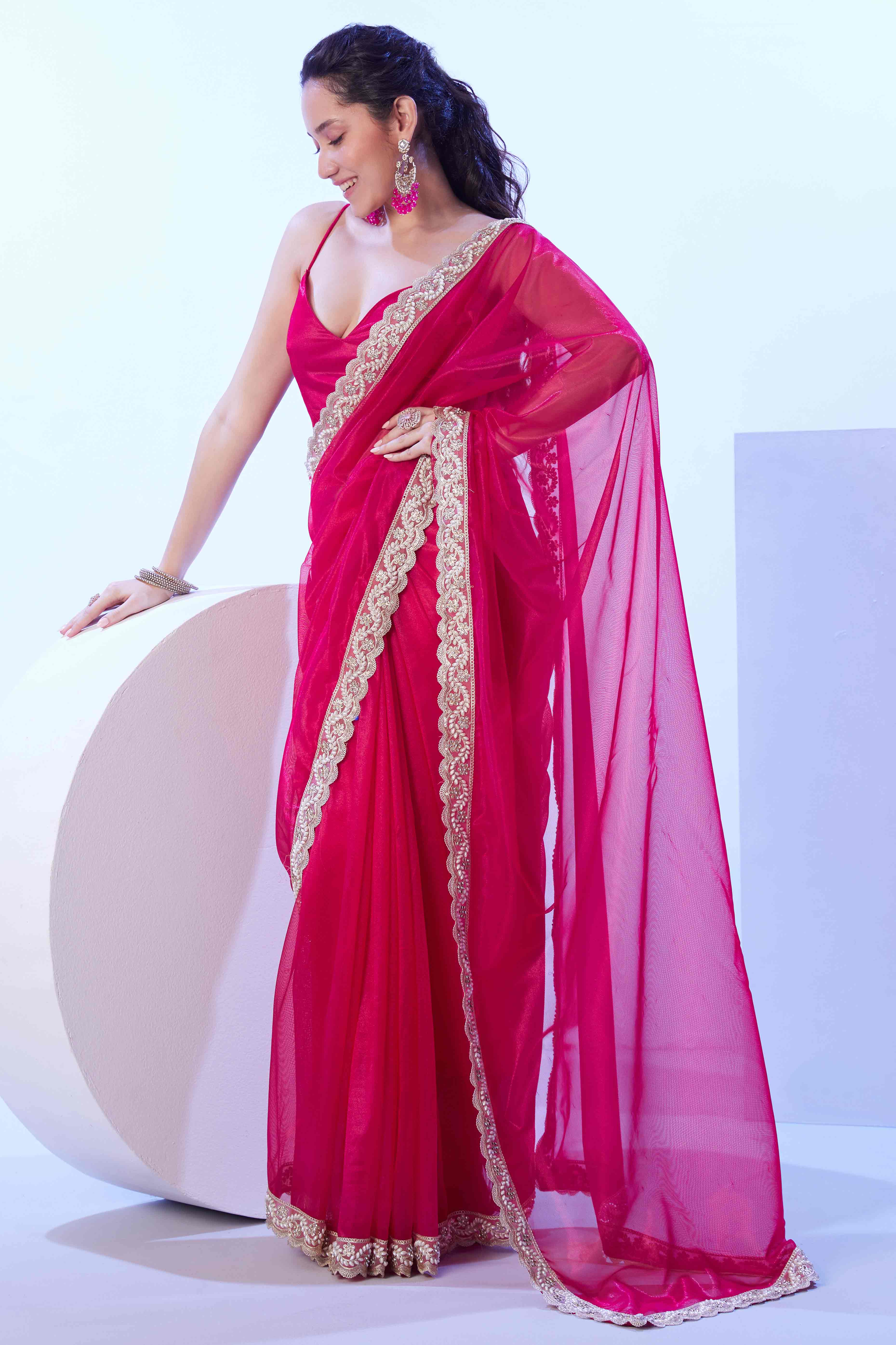 Hot Pink Stone Work Net Solid Embroidered Saree for Party Wear