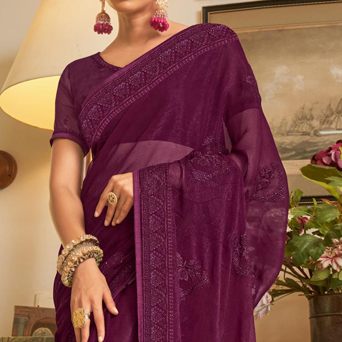 Wine Embroidered Georgette Saree