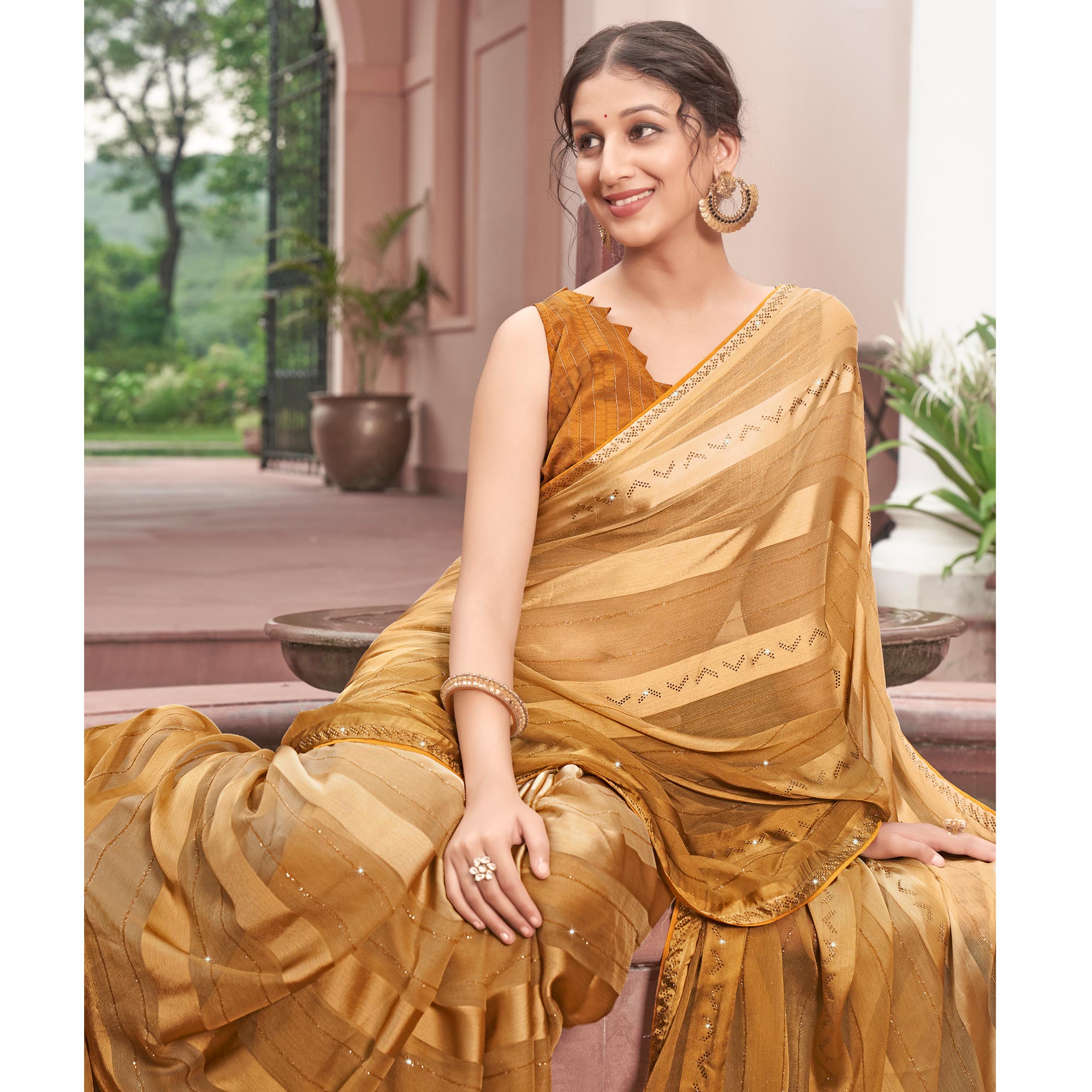 Mustard Swarovski Work Georgette Saree