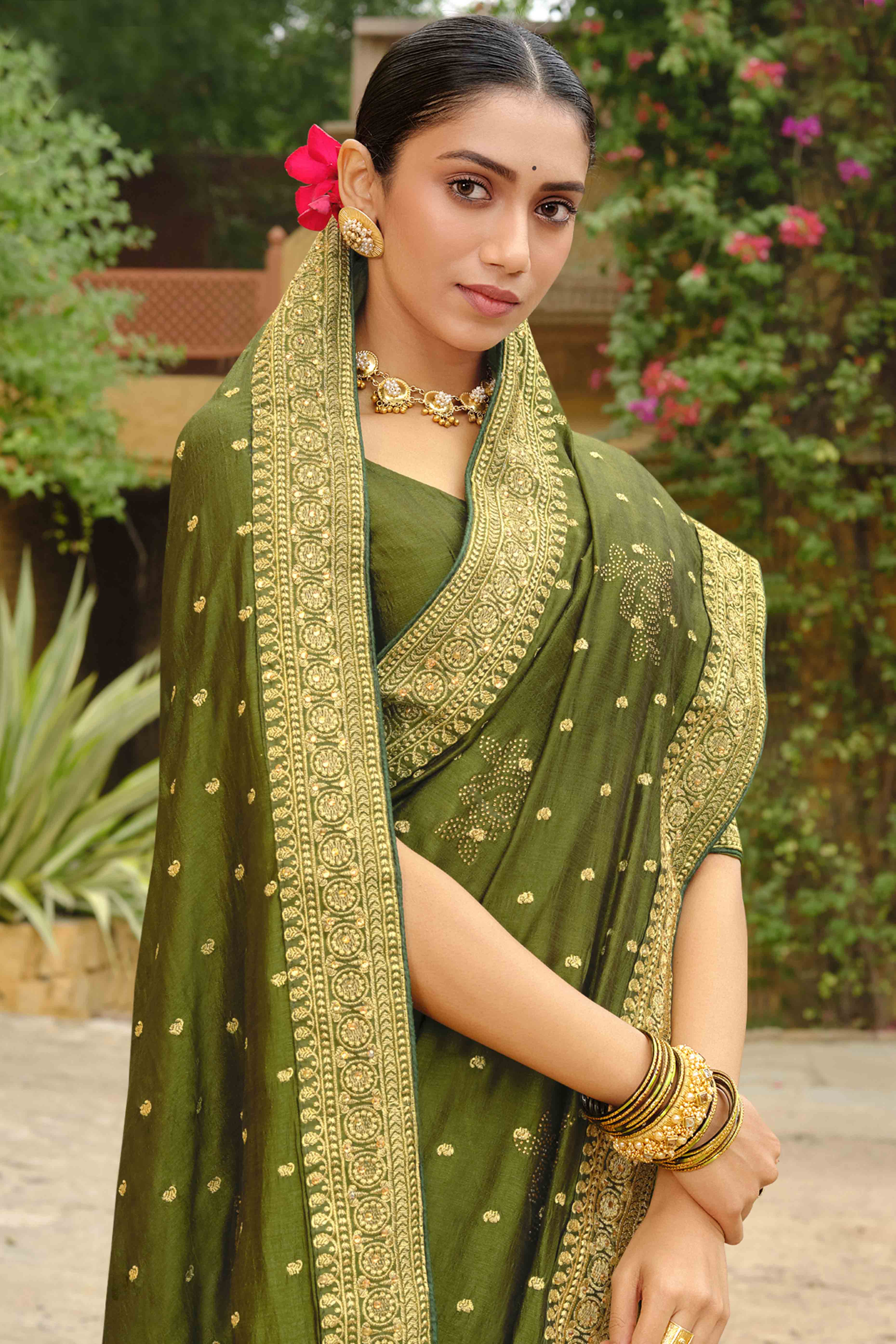 Green Swarovski Work Embroidered Vichitra Silk Saree