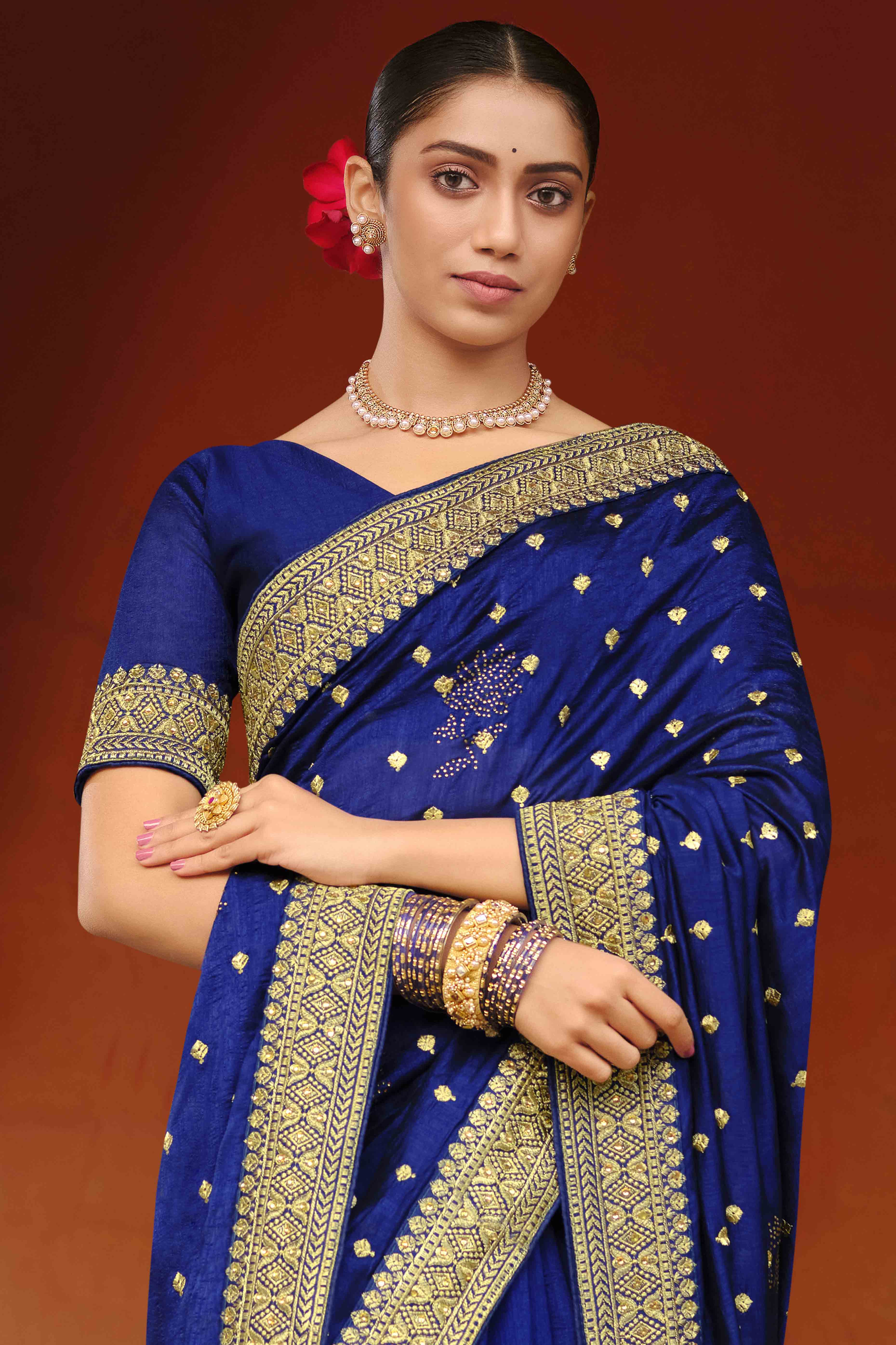 Navy Blue Swarovski Work Embroidered Vichitra Silk Saree