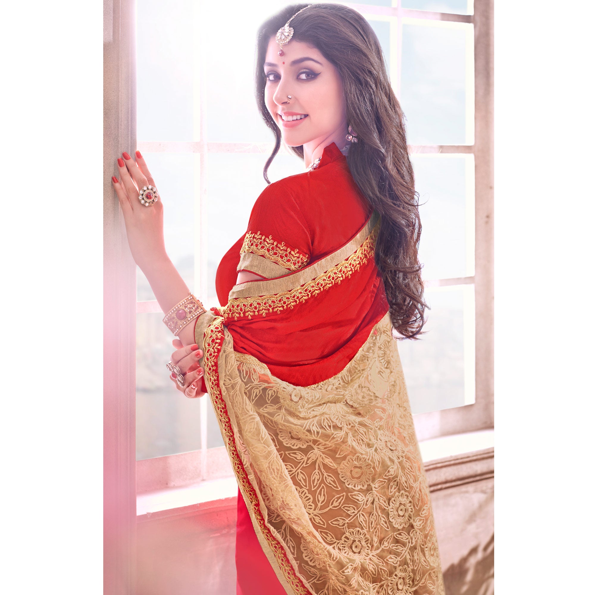 Pink Red Heavy Embroidered Georgette Saree