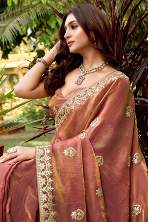 Rust & Gold Floral Gota Patti Work Satin Saree